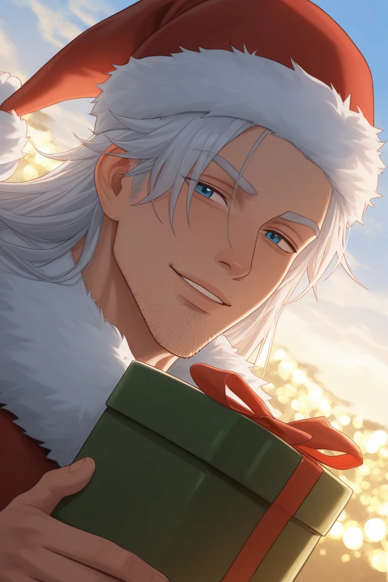 anime coloring, subsurface scattering, realistic shading, day, snowflake, christmas theme, male focus, looking at viewer, expressive face, holding a gift box, maelnnt, black_maelnnt_stubble, white_maelnnt_long hair, blue eyes, 1boy, smiling, santa claus cosplay, red headwear, fur-trimmed coat, outdoors, christmas lights, bokeh, cloud, centered, dutch angle, dynamic angle, intricately detailed illustration, depth of field, masterpiece, best quality, amazing quality, very aesthetic, absurdres, newest