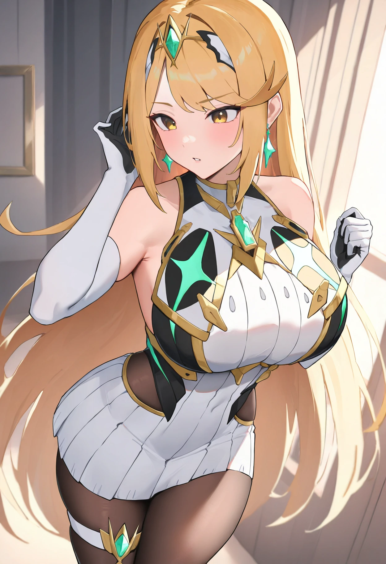 masterpiece, best quality, absurdres, highres, newest, 1girl, solo, <lora:mythra-xb-richy-v1_ixl:1> mthrmm, yellow eyes, blonde hair, long hair, tiara, earrings, chest jewel, large breasts, sleeveless, white skirt, elbow gloves, thigh strap, pantyhose, standing, indoors, parted lips, hand up,