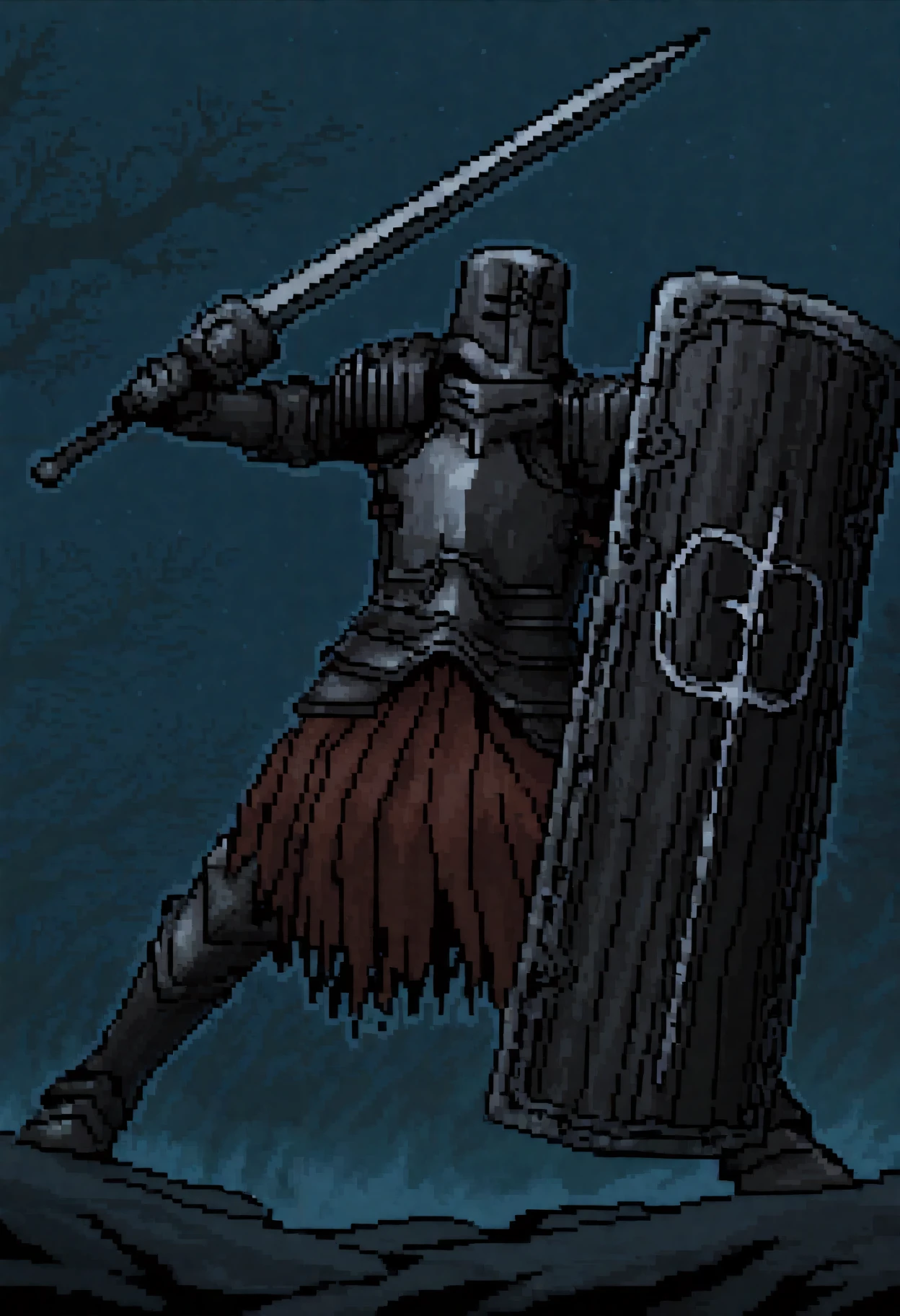 masterpiece, best quality, newest, absurdres, highres, outdoors, night, ambiguous gender, solo, dsbit, black helmet, black armor, black breastplate, black Pauldrons, black Cuirass, black Gauntlets, tunic under armor, black Greaves, holding sword, holding shield, incoming attack, dynamic pose, foreshortening, full body, jumping, fighting stance, pixel art, <lora:Black_Iron_Tarkus_Illustrious-000009:1>