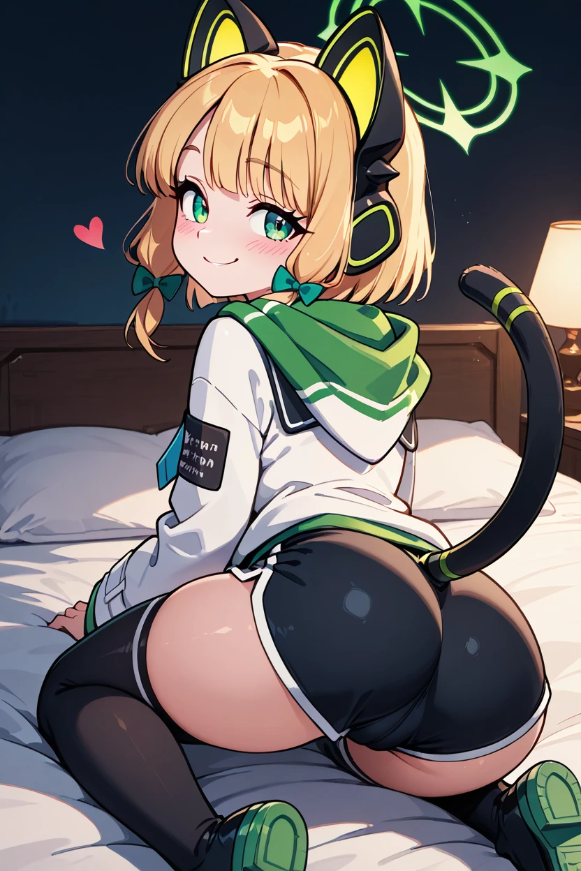 masterpiece, best quality, 1girl, solo, 21 year old model, eyelashes, (beautiful eyes),     ,,, zzMidori, solo, blonde hair, short hair, green eyes, hair bow, tail, animal ears, fake animal ears, animal ear headphones, headphones, cat ear headphones, halo, hair bow, green halo, tail, cat tail, green bow, black thighhighs, blue necktie, collared shirt, long sleeves, white jacket, white shirt, black shorts, blush, black footwear, open jacket, hood, wide sleeves ,<lora:MidoriBlueArchiveIXL:1.0>BREAK,,,   night, bed room, from behind, ass, looking back, smirk, heart, smile, looking at viewer, shiny skin,  <lora:GoldenCATLoraIXL:0.8>, <lora:princess_xl_v2:0.3>,