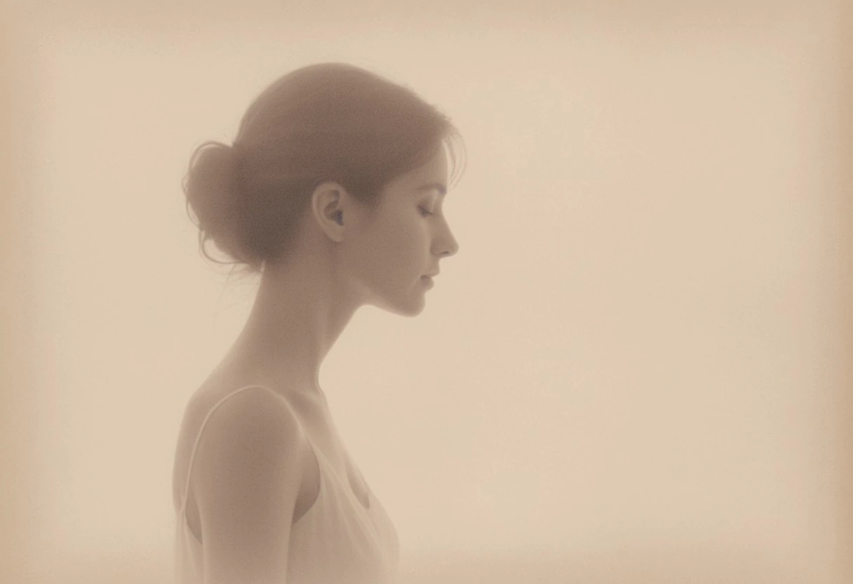 an aesthetic, minimalist depiction of a female profile in side view. The focus is on the soft contours and calm, monochromatic tones. The scene feels mystical and dreamy, almost as if viewed through a delicate mist, with gentle light accentuating the silhouette. The background is diffuse and creamy white, drawing attention to the elegant simplicity of the figure.