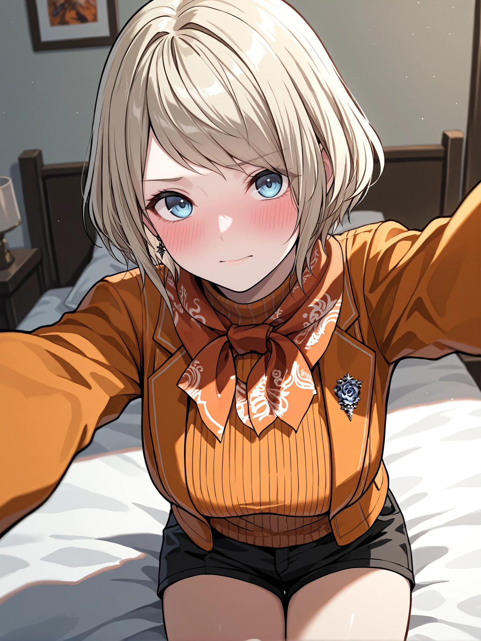 masterpiece, best quality, absurdres,
<lora:RE4Ashley:1.0>
RE4Ashley, 1girl, blonde hair, short hair, blue eyes, looking at viewer, lying on bed, selfie, blushing, cowboy shot