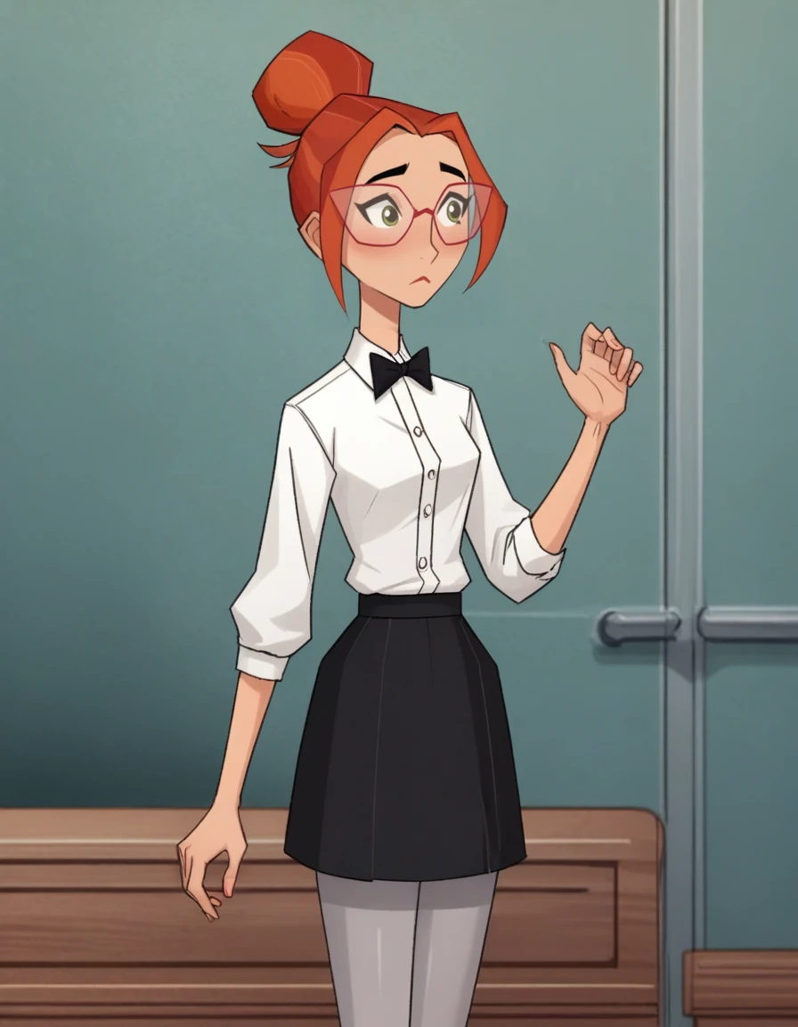 score_9, score_8, score_7, BREAK, <lora:Honey_Lemon_-_Big_Hero_6_Animated_Series:0.8> honey lemon, red hair, updo, red glasses, green eyes, white shirt, bowtie, black skirt, grey pantyhose,