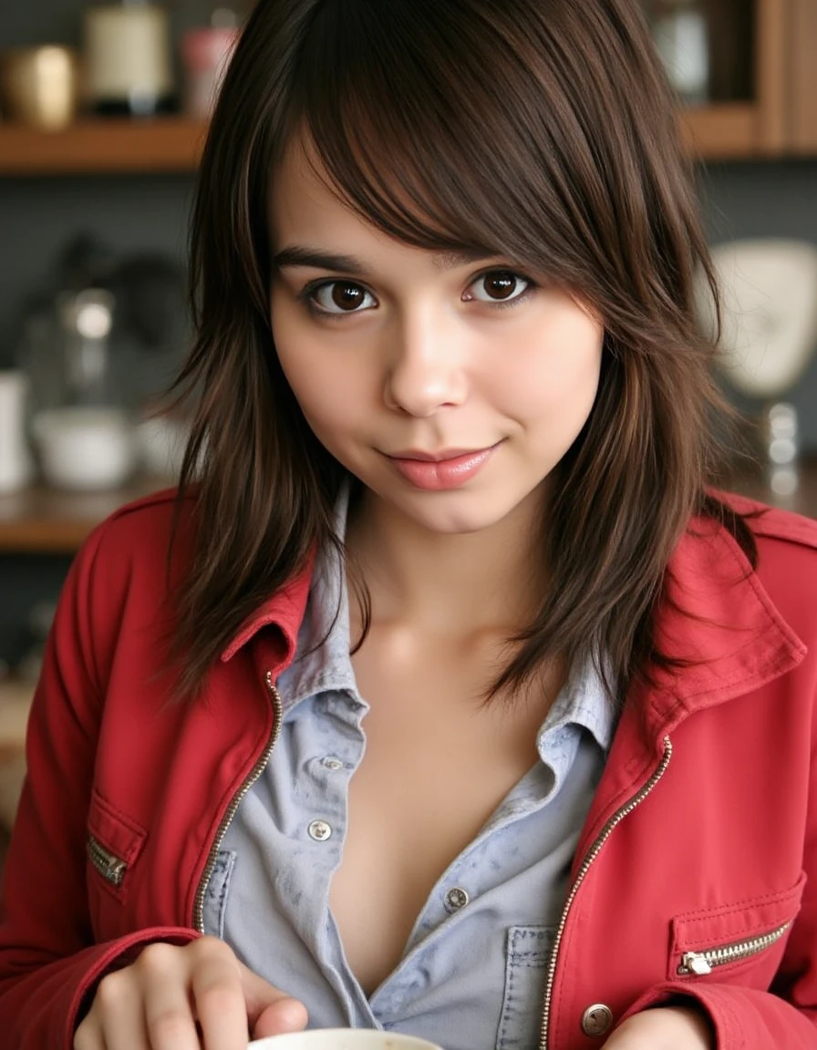 glamour portrait of a young woman, wearing a shirt and jacket, having coffee in a vintage cafe, natural light, RAW photo, subject, 8k uhd, dslr, soft lighting, high quality, film grain, Fujifilm XT3