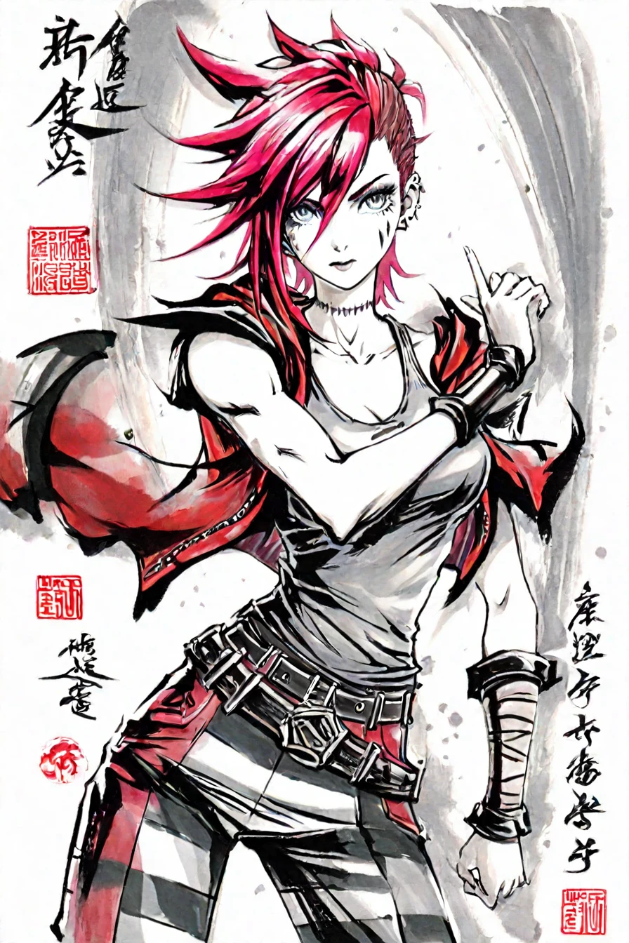 <lora:ViPDXL:0.6>, gray-blue eyes, (vi, vi (league of legends):0.6) , red-pink hair, tattoo on the face, tattoo on the neck, earrings, red jacket, armbands, grey and black tank top, striped pants, belt, tattoo on arms, 1girl, solo, alone,   <lora:traditional_japanese_calligraphy_illustriousXL:1>, traditional japanese calligraphy, masterpiece, highres