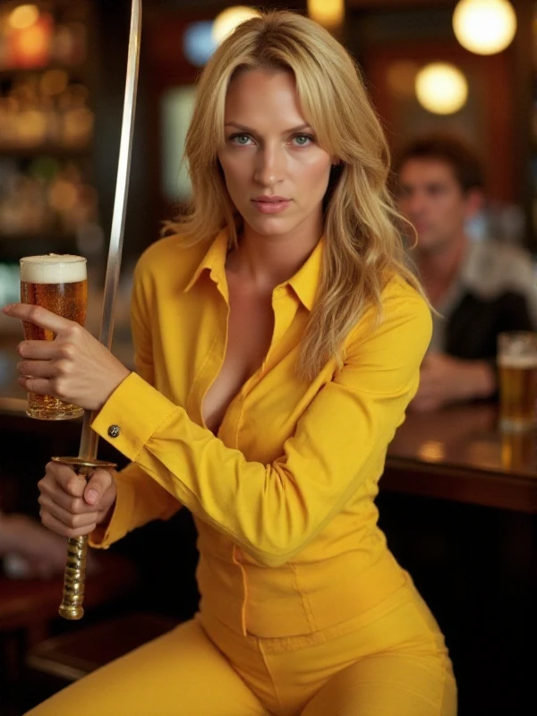 <lora:Beatrix Kiddo:0.9> beatrix kiddo, a blond woman, holding a sword and a beer in a pub. yellow outfit