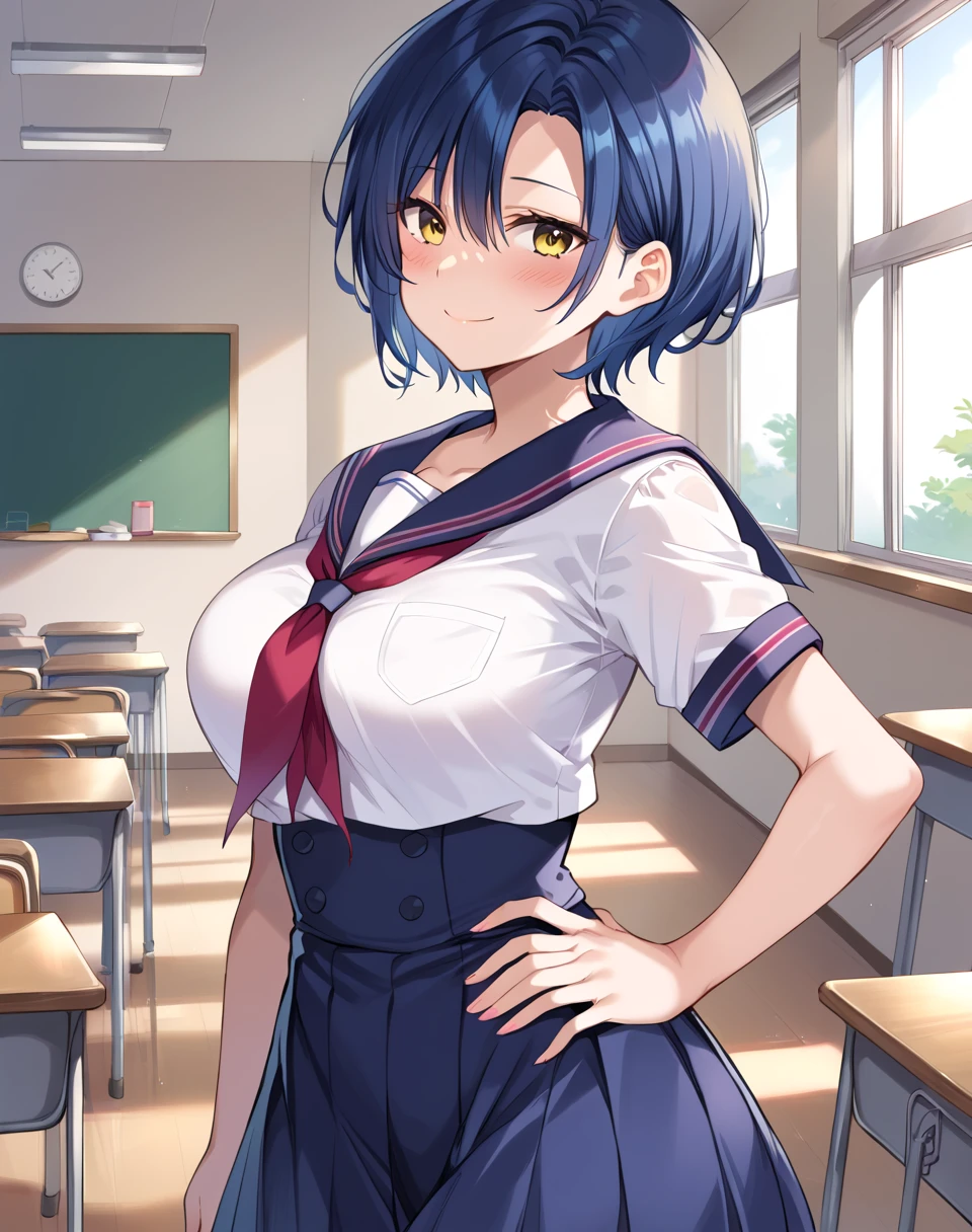 core_9, score_8_up, score_7_up, score_6_up, score_5_up, score_4_up, BREAK, source_anime, solo, 1girl, Fuwa Kokone, blue hair, medium hair, green eyes, lite smile, undersized serafuku, under boob, croptop, short sleeves, extremely micro skirt, zettai ryouiki thighhighs, looking at viewer, (sagging huge_breast:1.2), erect nipples, large areola, (skinny, slim legs, small hip, narrow waist), Unshaven black Pubic Hair, nsfw, standing, leaning forward, finger pointing, cowboy shot, in the high school, In front of the blackboard, teaching table, Scolding toward the viewer, (short stack:0.3)