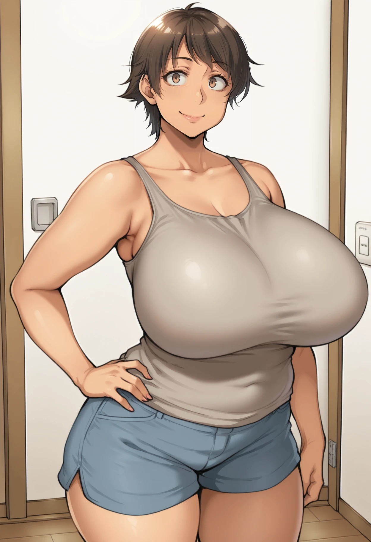 masterpiece, highest quality, High resolution, One girl, 独奏, sexual intercourse, Pornographic images, short hair, etsukoto, brown Eyes, fine grain, fine grain, (((Thick thighs, Plump thighs, Voluptuous thighs, Thighs alone are enough))), Huge and ample breasts, Cleavage, big long breasts, Naughty big,((big breasts are important))、((Naughty thighs)), L Cup, (thin:1.4),(Tight waist:1.4), (white swimsuit:1.4), anguish, open mouth, blush, (((Simple Background))), ((Wide Hips)), Shiny, Oily skin, Mature mother, Calf, Seductive mature woman, milf, Perfect body, Plus Size Model, curvy, ample, etsukoto, blush, clavicle, retro artstyle, 1990s (style), (thick thighs:1.4), Adult Toys, (Dildo:1.2), Pussy, (vaginalInserting an Object), vagina, anus, Big Insertion, Inserting an Object, clitoris