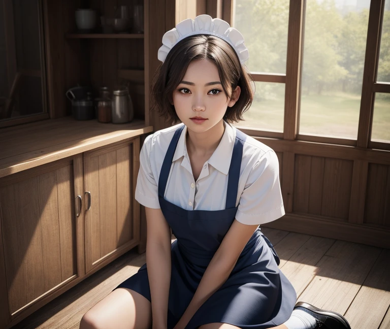 1girl, solo, apron, maid headdress, maid, , short hair, wariza, socks, short sleeves, looking at viewer,, (masterpiece,best quality:1.4),(photorealistic,RAW photo:1.3),cinematic, finely detail,highres,8k,perfect artworks,official art, perfect anatomy,best aesthetic,