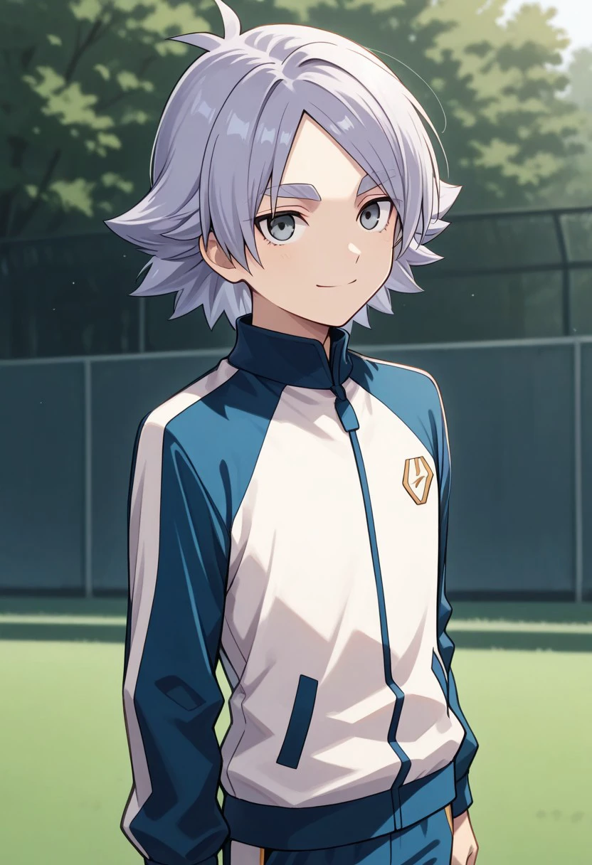 masterpiece, best quality, 
fubukishirou, male focus, solo, grey hair, parted bangs, grey eyes, sportwear, jacket, track jacket, multicolored jacket, multicolored clothes, blue jacket, white jacket, pants, blue pants, smile
outdoor,