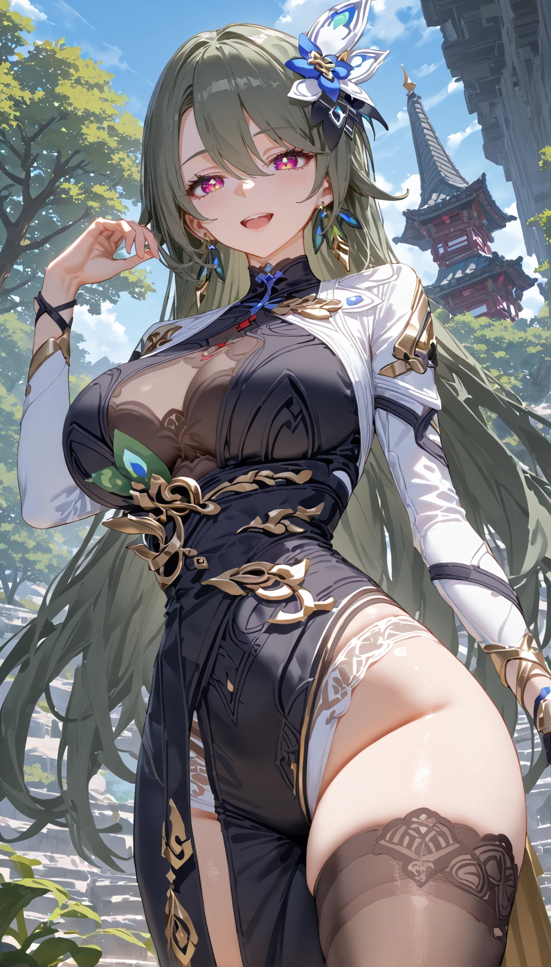 (masterpiece, best quality:1.2), highres, absurdres, high quality, very asthetic, fine and intricate details,
1girl, tall female, mature female, vita \(honkai impact\),
hair ornament, long hair,  dark-green hair, grey hair, hair between eyes, hair flower, bangs
red eyes, pink eyes, symbol-shaped pupils, yellow pupils,  looking at viewer, teasing, half-closed eyes,
jewelry, earrings,
large breasts,  narrow waist, thighs.  wide hips,
center opening,
black dress, white sleeves,  gold pattern, gold trim, frills,
asymmetrical legwear, asymmetrical pants, tight pants, one leg covered, 
flower,
feet out of frame,
standing, dutch angle, hand up, 
scenery, outdoors, 
<lora:vita_XL_v3:0.8>
<lora:hand 4:0.2>