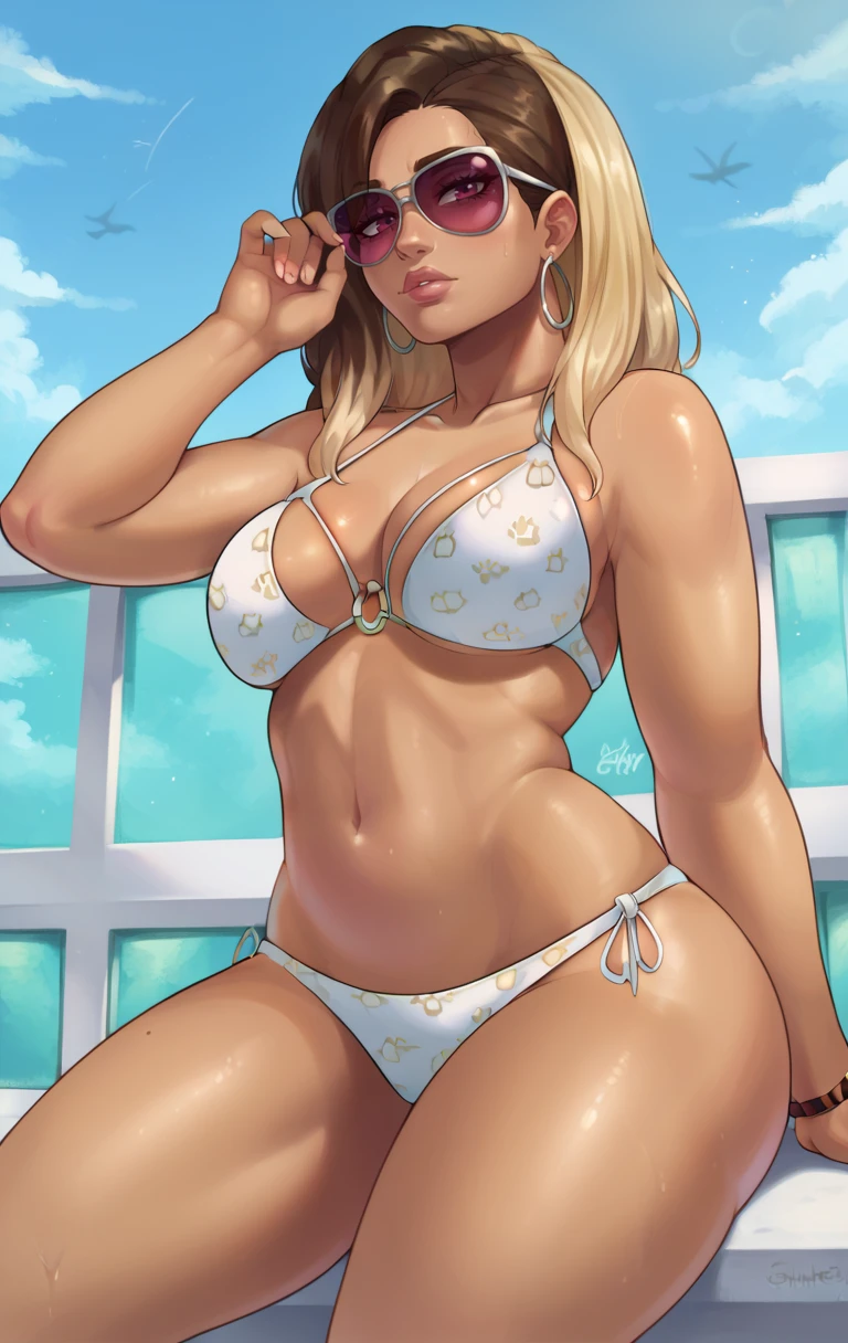 score_9,score_8_up,score_7_up,zPDXL2,zPDXLxxx,zPDXL3,<lora:Lucia:1>,1girl,solo,long hair,blonde hair,brown hair,navel,cleavage,jewelry,swimsuit,bikini,earrings,sky,day,dark skin,bracelet,dark-skinned female,lips,makeup,side-tie bikini bottom,white bikini,sunglasses,tan,o-ring,hoop earrings,o-ring bikini,tinted eyewear,looking over eyewear,aviator sunglasses,sitting,