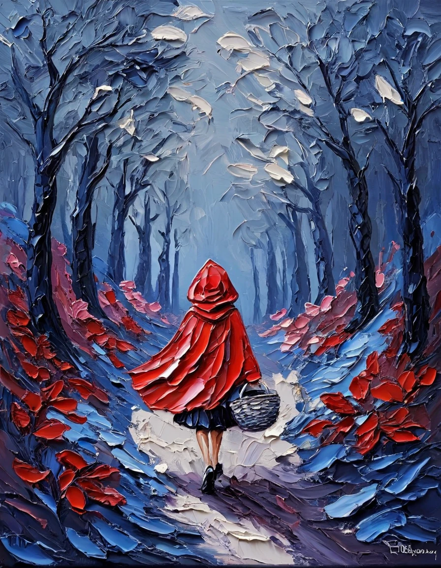 novuschroma style little red riding hood palette knife impasto painting <lora:153_novuschromaSXL_a3:1>