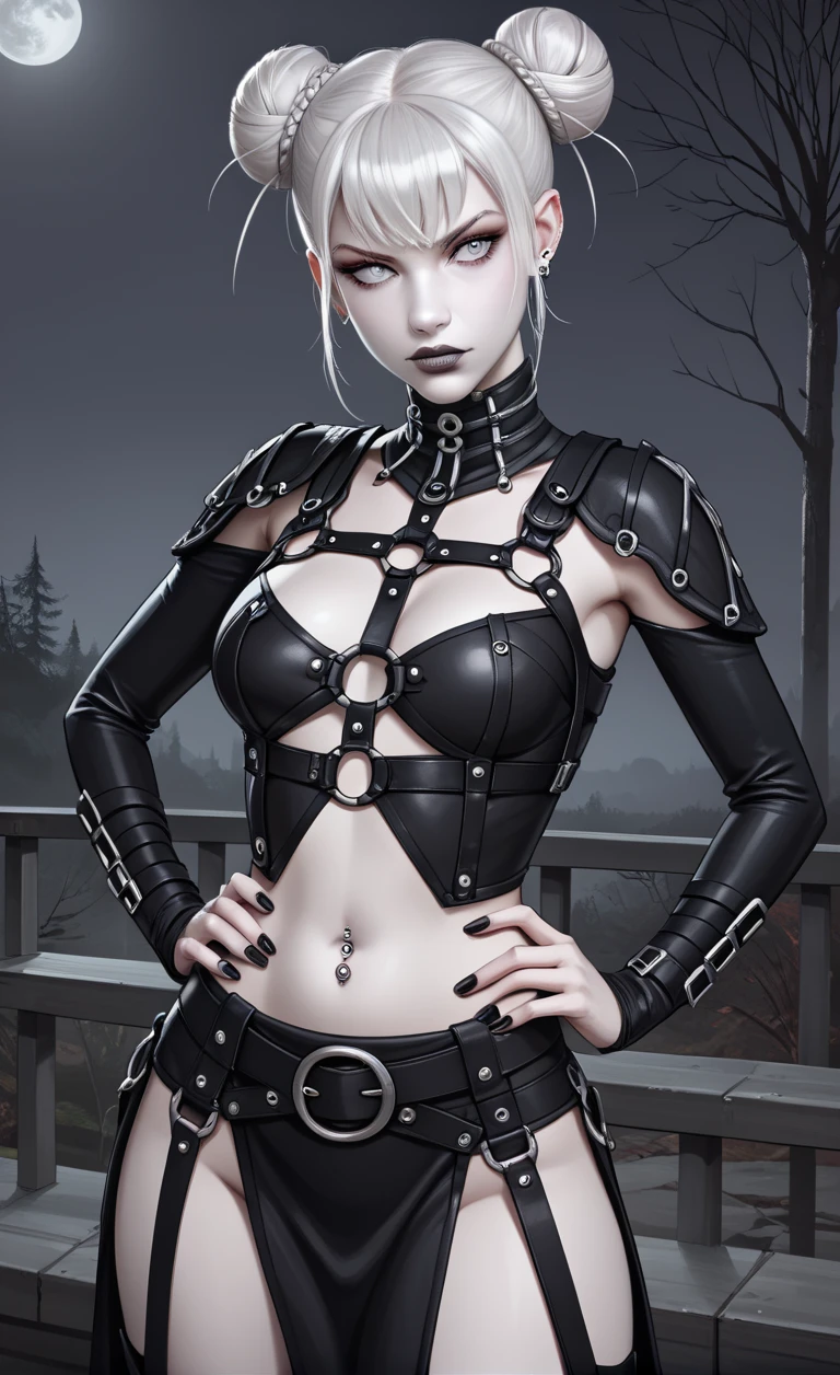 1girl, solo, 
score_6, score_7, score_8, score_9,
masterpiece, best quality, highly detailed,
<lora:Eve_GW_necromancer:0.85>, twin-buns, white hair, gray eyes, black outfit, pale skin, lips, curvy, belts, harness,
night, outdoor, hand on hips, skimpy, midriff, navel, navel piercing, painted nails, looking at viewer, ((winking)),