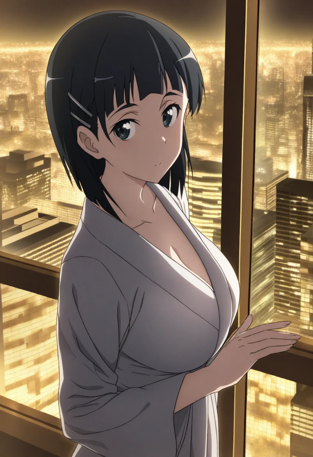 <lora:Suguha Kirigaya - [Sword Art Online] - illustriousXL v1:1>, sysdeep_suguha, black hair, medium hair, black eyes, luxury penthouse, looking out glass wall, satin robe, city lights in background, anime coloring