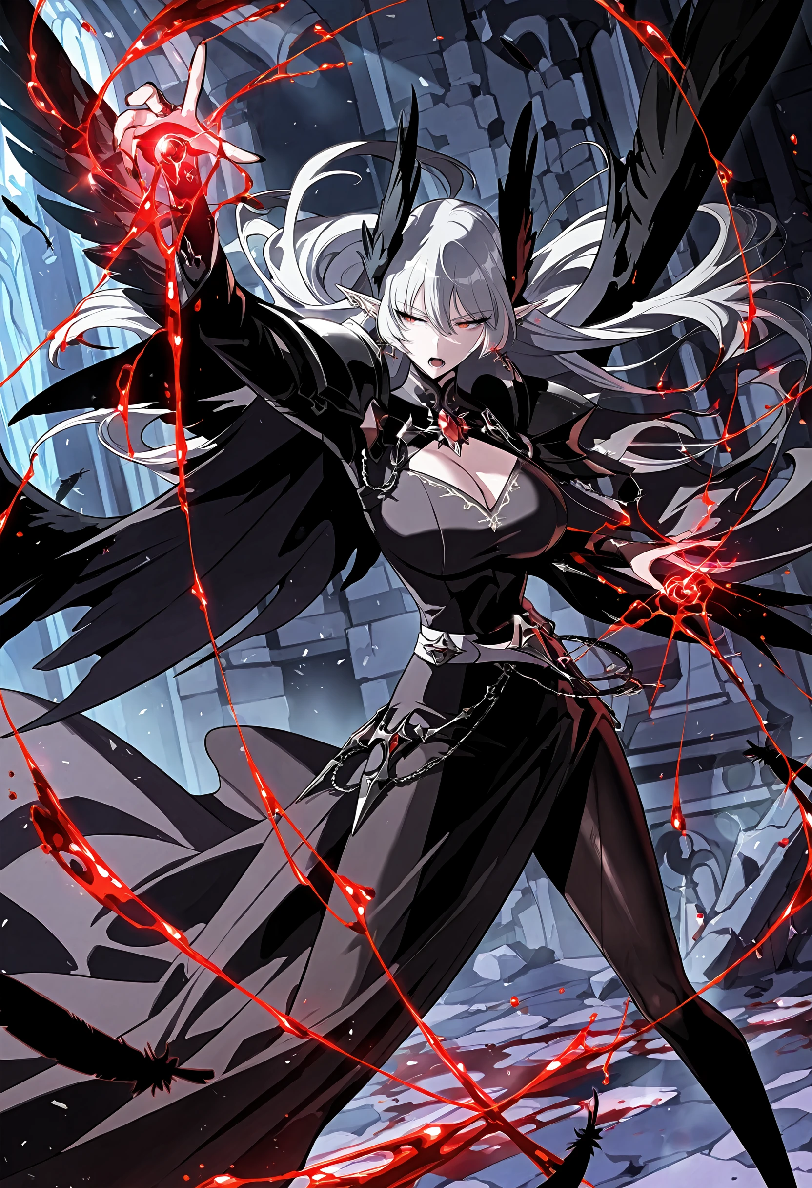 masterpiece, best quality, amazing quality, very aesthetic, absurdres, newest, scenery, 1girl, solo, huge breasts, half-closed eyes, serious, open mouth, <lora:Alice von Ataraxia illustxl:0.9> red eyes, pointy ears, long hair, white hair, grey hair, hair between eyes, slit pupils, black wings, black feathers, feathered wings, head wings, cross earrings, shoulder armor, black cape, turtleneck, brooch, red gem, black dress, cleavage cutout, long sleeves, bridal gauntlets, white belt, long dress, pauldrons, chain, standing, legs apart, casting spell, blood, magic, reaching towards another, dark, night, inside, looking away, shiny skin, masterpiece, best quality, amazing quality, very aesthetic, absurdres, newest, scenery
