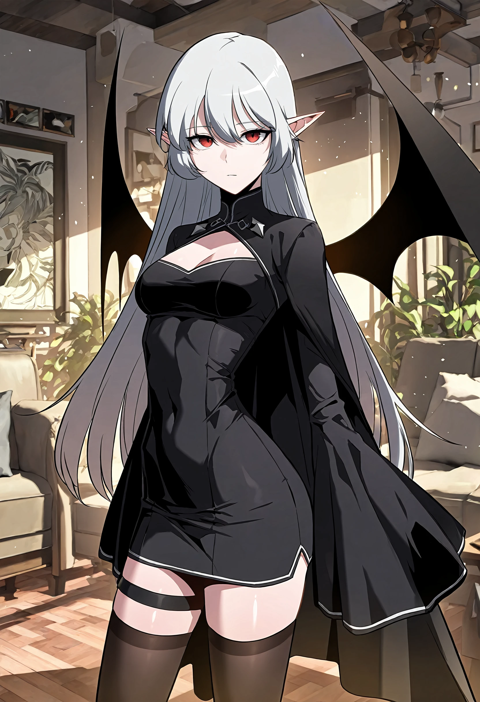 masterpiece, best quality, amazing quality, very aesthetic, absurdres, newest, scenery, 1girl, solo, medium breasts,<lora:Alice von Ataraxia young illustxl:0.9> long hair, red eyes, grey hair, white hair, pointy ears, hair between eyes, bat wings, black cape, black dress, short dress, cleavage cutout, covered navel, wide sleeves, long sleeves, short dress, black thighhighs, thigh strap, upper body, standing, living room, inside, looking at viewer, shiny skin, masterpiece, best quality, amazing quality, very aesthetic, absurdres, newest, scenery