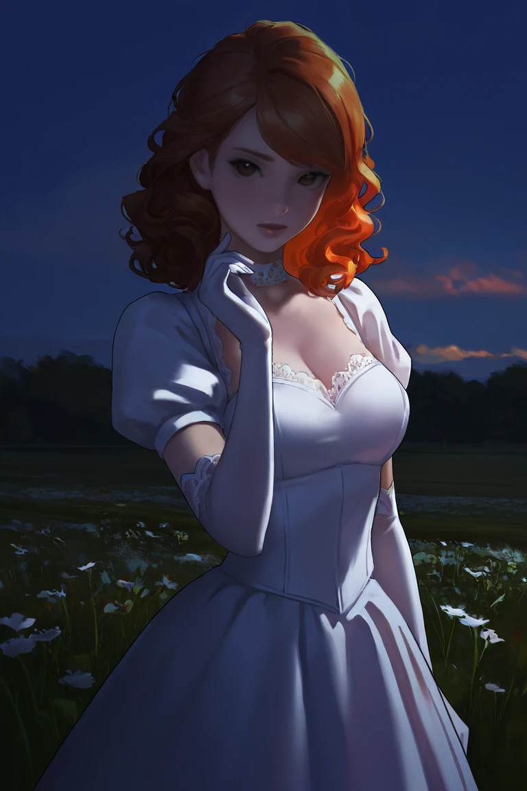 masterpiece, best quality, highres, newest, low light, dark, 1girl, solo, medium hair, curly hair, wavy hair, orange hair, swept bangs, brown eyes, lips, lipstick, looking at viewer, medium breasts, choker, medium dress, white dress, lace trim, puffy sleeves, puffy short sleeves, short sleeves, gloves, elbow gloves, white gloves, hand up, cowboy shot, closed mouth, standing, outdoors, field, flower, grass, plant, sky <lora:NAI3 Smooth Boys - Low Light [LoRA] - NoobAI-XL EPS 1.0:0.8>