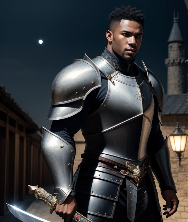 A strong muscular black man, wearing knight armor and holding a huge sword, moonlit night castle, (masterpiece,best quality:1.4),(photorealistic,RAW photo:1.3),cinematic, finely detail,highres,8k,perfect artworks,official art, perfect anatomy,best aesthetic,