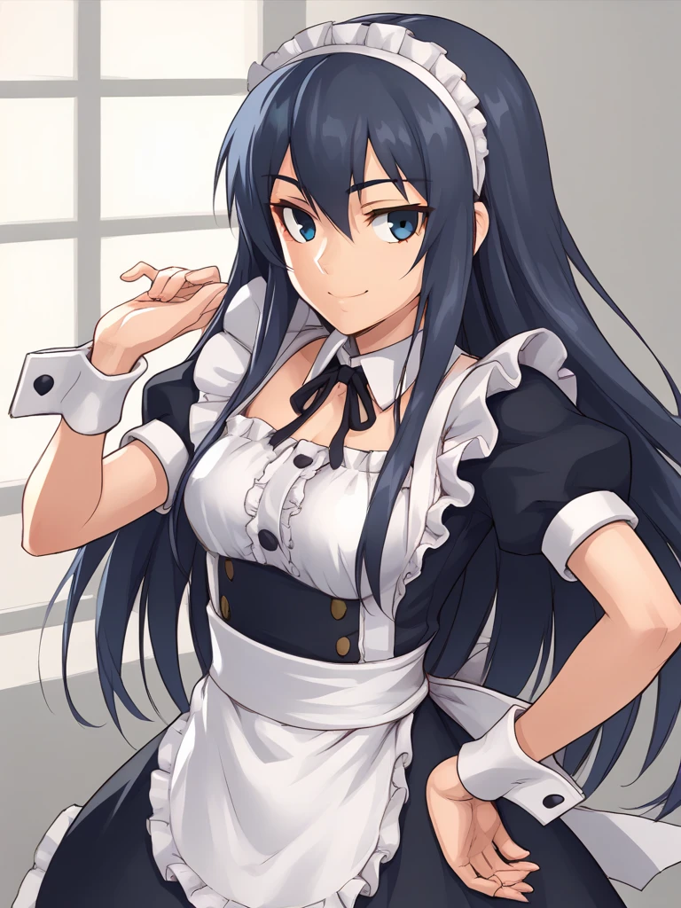 <lora:Mikoyan-PonyXL-1024px-v1.0:1>
score_5_up,   
 1girl, solo, hand on hip, hand up, long hair, dress, frilly apron, hairband, detached cuffs, smile