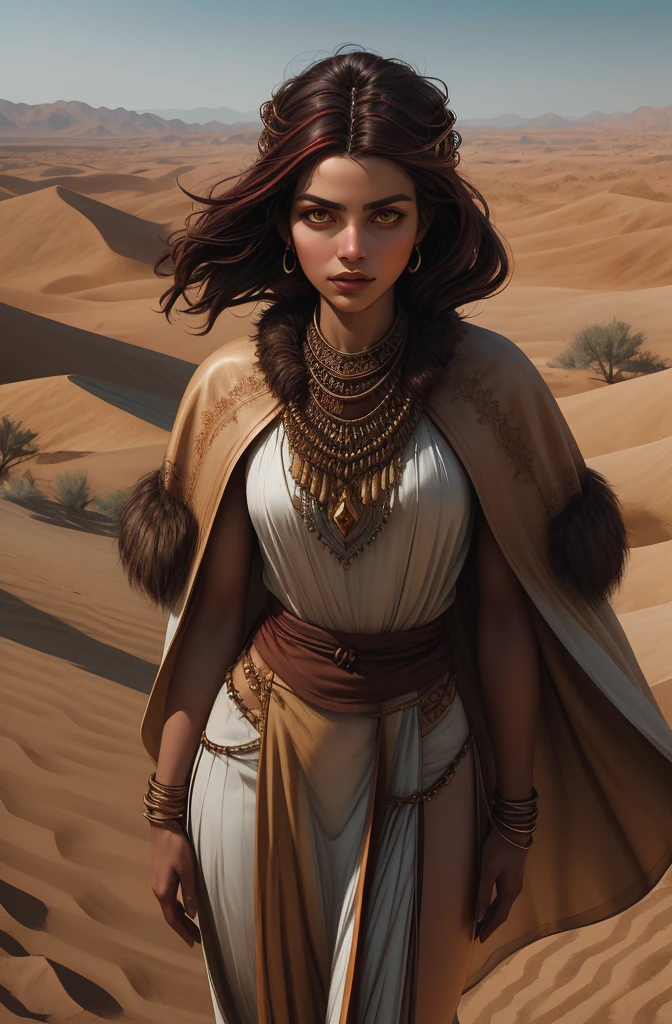 <lora:ParDetRealO:0.52> photorealistic, cinematic, In the desolate expanse of a windswept desert, a resilient stone-age girl stands against the shifting sands, a symbol of determination. Clad in intricately woven leather and fur adorned with beads, her attire echoes the hues of the arid landscape. Her cloak, fashioned from supple hides, drapes in layers, each fur expertly sewn together to create a rich tapestry of textures and hues. Natural patterns add depth to her rugged attire, complemented by a tunic woven from desert grasses. With a posture reflecting sincere determination, her athletic form embodies strength amidst the harsh desert winds. Each contour epitomizes refined athletic femininity, captivating the viewer in a mesmerizing interplay of light and shadow against the endless horizon.