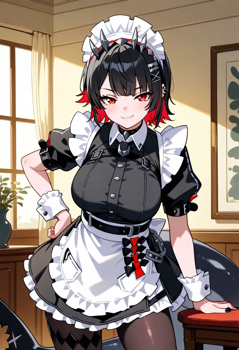 masterpiece, best quality, 1girl, solo, 21 year old model, eyelashes, (beautiful eyes),     
ellen joe, black hair, colored inner hair, multicolored hair, red eyes, red hair, short hair, two-tone hair, apron, black pantyhose, black shirt, black skirt, ear piercing, fins, fish tail, maid, maid apron, maid headdress, pantyhose, piercing, puffy short sleeves, puffy sleeves, shark girl, shark tail, shirt, short sleeves, skirt, tail, two-tone hair, wrist cuffs,   
cowboy shot, hand on hip, smug, smile, looking at viewer, shiny skin,