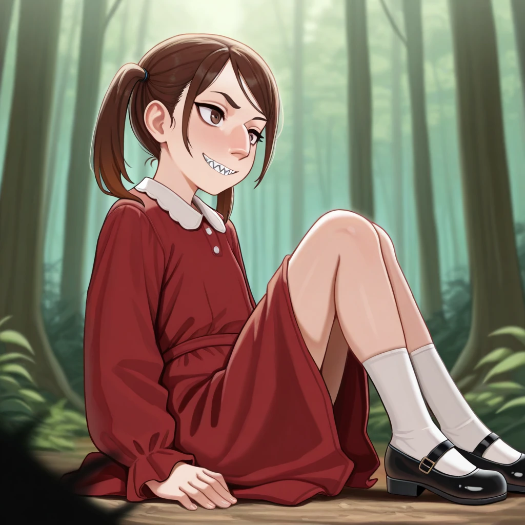 masterpiece, best quality, aquiline nose, 1girl, solo, brown hair, twintails, brown eyes, sharp teeth, red dress, white socks, mary janes,  <lora:AquilineNose_illustrious_Leaf3:1>, depth of field, forest,