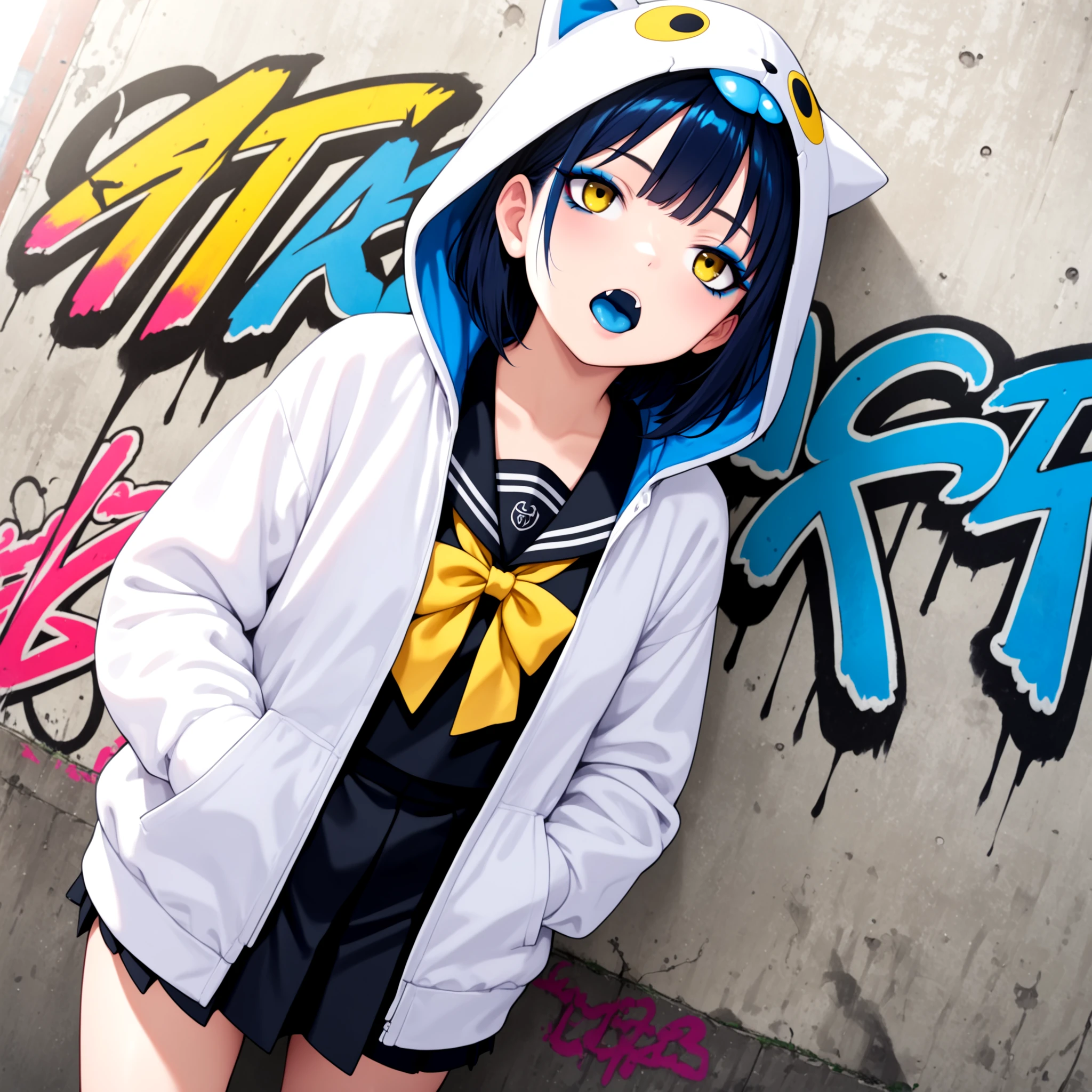 1girl, solo, cowboy shot, leaning on wall, dutch angle, graffiti, urban, looking away, white hoodie, hood up, eyeliner, open clothes, black serafuku, black skirt, fang, yellow bow, hand in pocket, blue tongue, blue eyeshadow, masterpiece, best quality, 2023