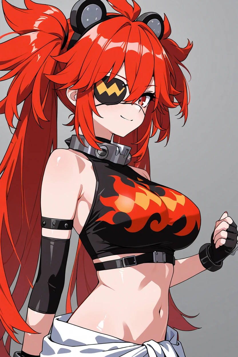 masterpiece, best quality, 1girl, solo, 21 year old model, eyelashes, (beautiful eyes),     ,,,large breasts,  koleda belobog, eyepatch, red eyes, red hair, twintails, fake animal ears, flame print, midriff, white jumpsuit, jumpsuit around waist, fingerless gloves,  <lora:KoledaBelobogIXL:1.0>, upper body, side view, smile, looking at viewer, shiny skin,