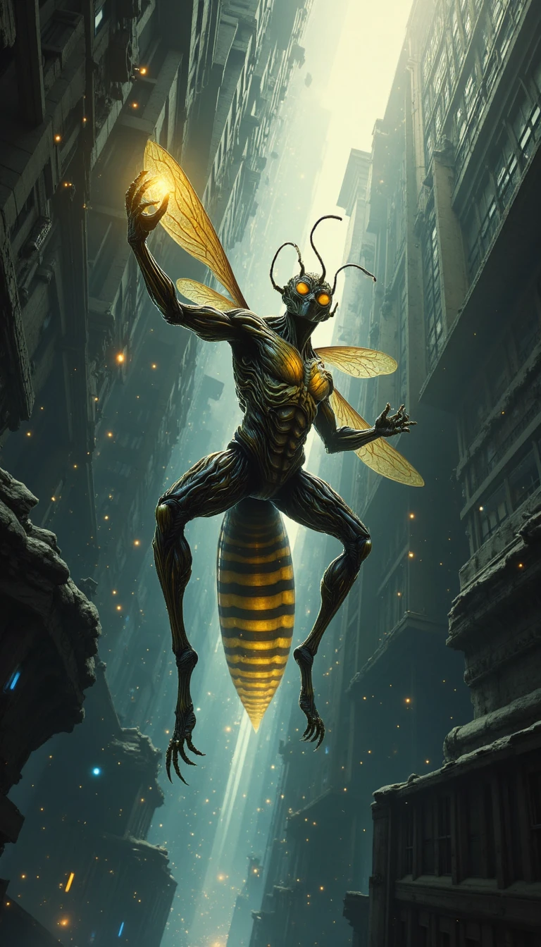 In the heart of the inverted metropolis, where skyscrapers pierce the earth like stalactites and buildings twist and curve like gnarled roots, a humanoid figure with wasp-like features navigates the labyrinthine streets. The hybrid, a tall and lithe man with piercing yellow eyes and skin that shimmers like the iridescent wings of a wasp, uses his multiple limbs to scale a building's underside, his hands and feet tipped with razor-sharp claws that dig into the stone.
His upper body is that of a muscular man, with broad shoulders and a chiseled chest, but his lower body is a mesmerizing tangle of wasp-like segments, each one covered in shimmering yellow and black stripes. Two delicate wings sprout from his back, their transparent membranes glinting in the dim light that filters through the city's grid-like streets.
As he moves, the hybrid's body seems to blur and ripple, as if his very cells are shifting and adapting to the environment. He pauses on the underside of a massive skyscraper, his gaze fixed on a hive-like structure that clings to the building's surface like a tumor. From within the hive, a swarm of glowing, iridescent wasps emerges, swirling around the hybrid like a halo of light.
With a gentle, almost imperceptible gesture, the hybrid raises a claw-tipped hand, and the wasps respond, gathering around his fingers like a cloud of sparkling jewels. The air is filled with a soft, pulsing hum, like the gentle thrumming of a harp string, as the hybrid begins to weave a intricate pattern with his free hand, guiding the wasps into a mesmerizing dance.
The city around him seems to respond to the hybrid's actions, the twisted buildings and streets shifting and flowing like a living, breathing entity. The very fabric of reality appears to bend and warp, as if the hybrid's connection to the wasp hive has unlocked a hidden dimension, and the upside-down city is revealing its secrets to him alone.