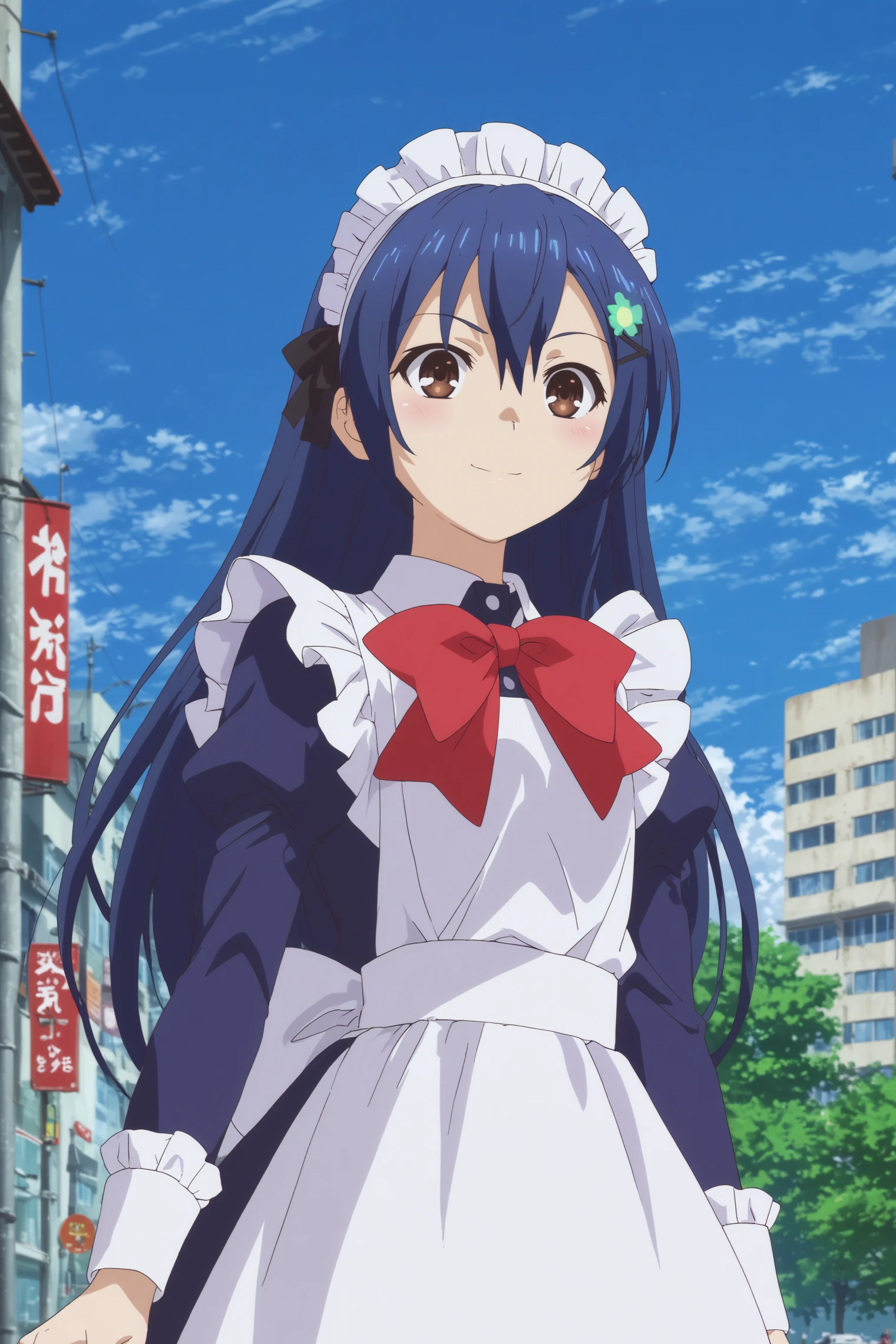  shiori itsuka,1girl,solo,long hair, blue hair,brown eyes,maid,maid_headdress, apron,crossdressing, bow, BREAK smile,standing, BREAK  outdoors,blue_sky,city,building  