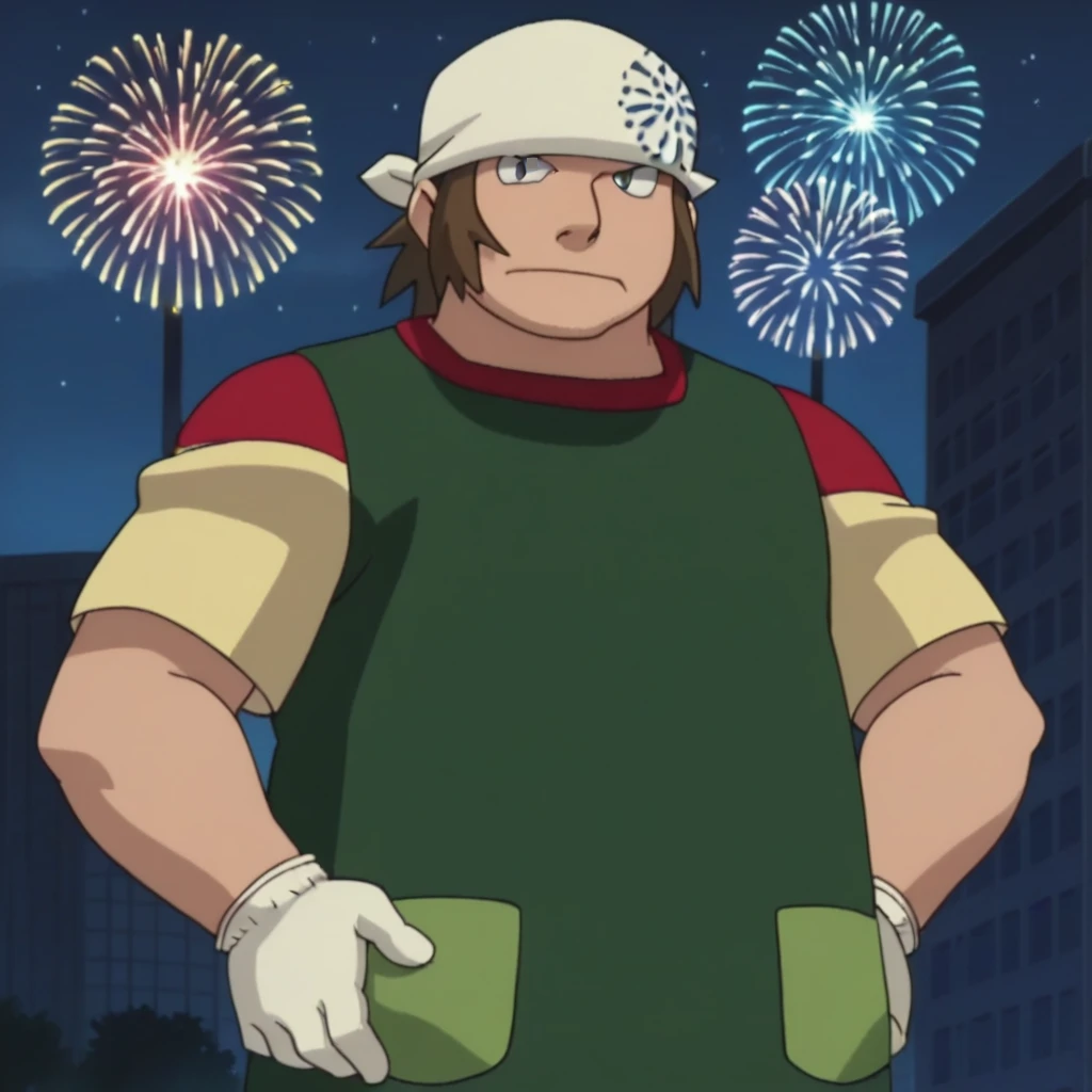 male, fat, brown hair, grey eyes, bandana, yellow shirt, short sleeves, apron, white gloves, outdoors, night, fireworks