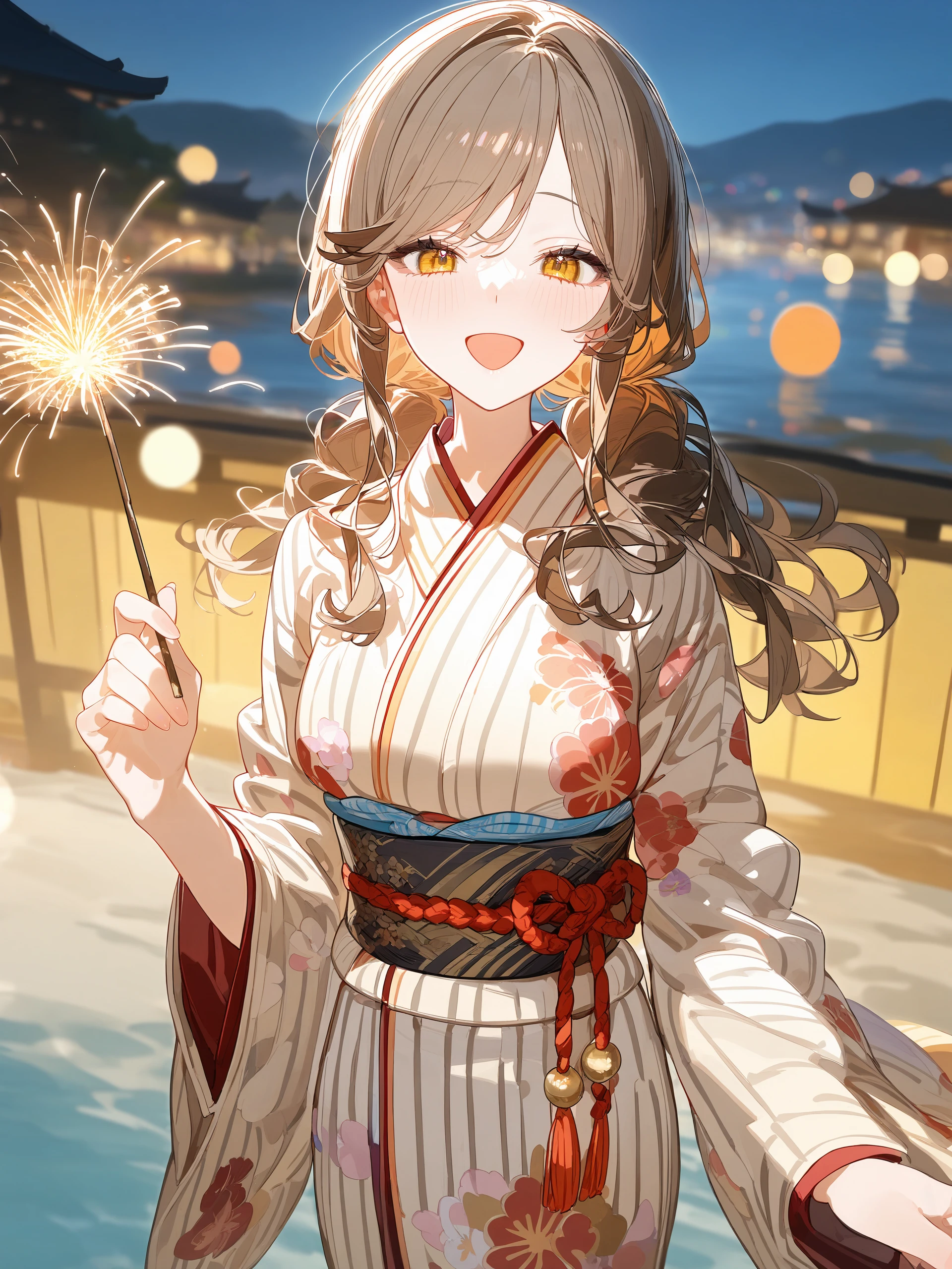 1girl, sena ajisai, solo, kimono, low twintails, obi, sash, tabi, standing, cowboy shot, holding fireworks, smile, open mouth, night, outdoors, blurry background <lora:Char-Sena_Ajisai-V1-SDXL:0.9>, illustration, incredibly absurdres, ultra detailed, masterpiece, best quality, perfect features, intricate details, ray tracing, very aesthetic, (hitenkei, askzy:0.4), [<lora:XL-detailed_notrigger:0.95>::0.5], [:<lora:XL-aesthetic_anime:1.2>:0.5]