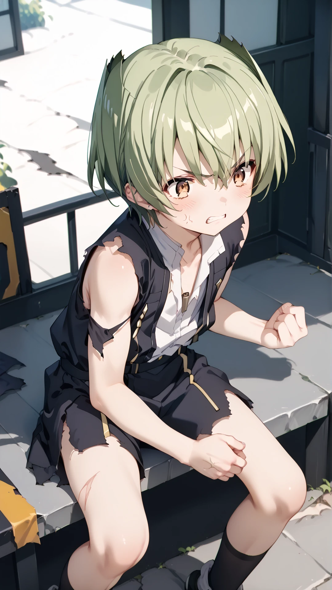 score_9, score_8_up, score_7_up, BREAK source_anime, rating_safe, best quality, masterpiece, uncensored, 1boy, <lora:CarossaMelissa_pony_v1.0:0.8> ca6os5a,green hair,short hair,brown eyes,torn clothes,angry,