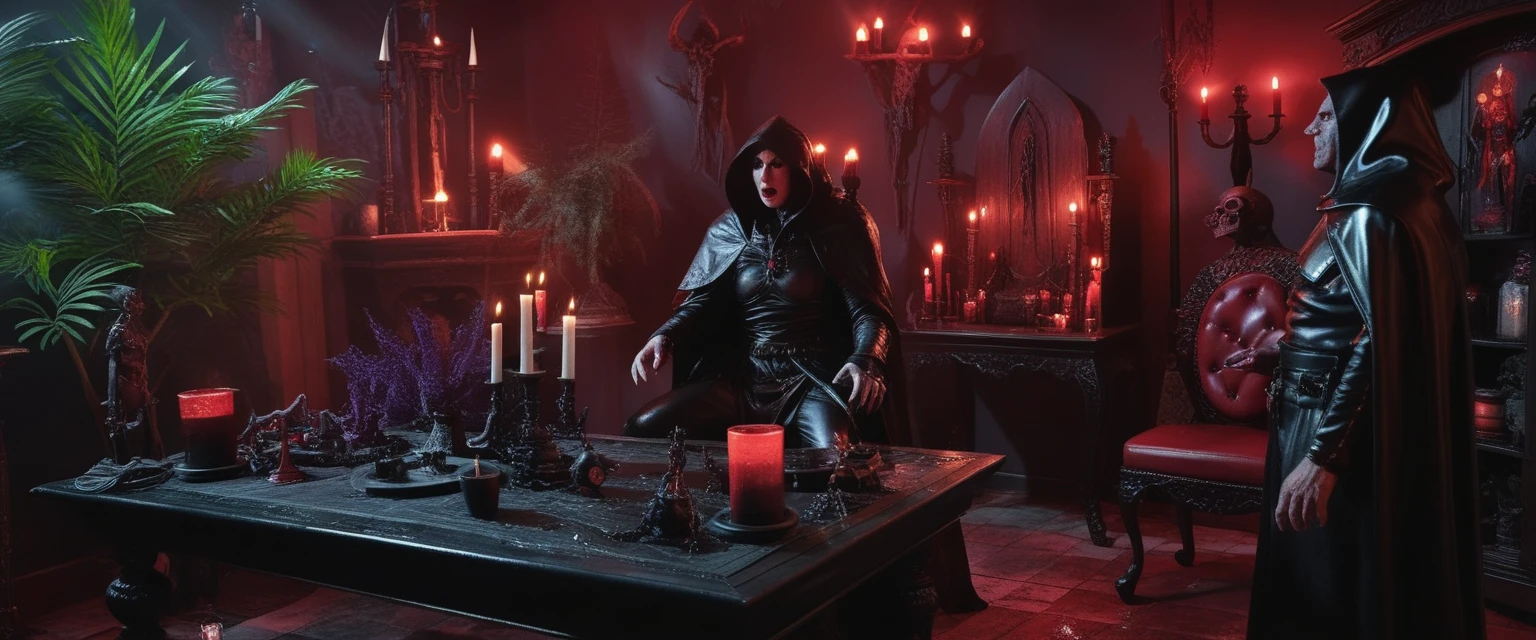 a black shiny wet room with occult items nearby, luminating plants, shimmering lights, mystic furniture while a evil deadly daemon have a controverse conversation with a evil old vampire in the middle while both are sitting at a occult table, while some agressive evil guard-soldiers wearing heavy armors protecting the room entrances, many details, while a sexistic occult ritual