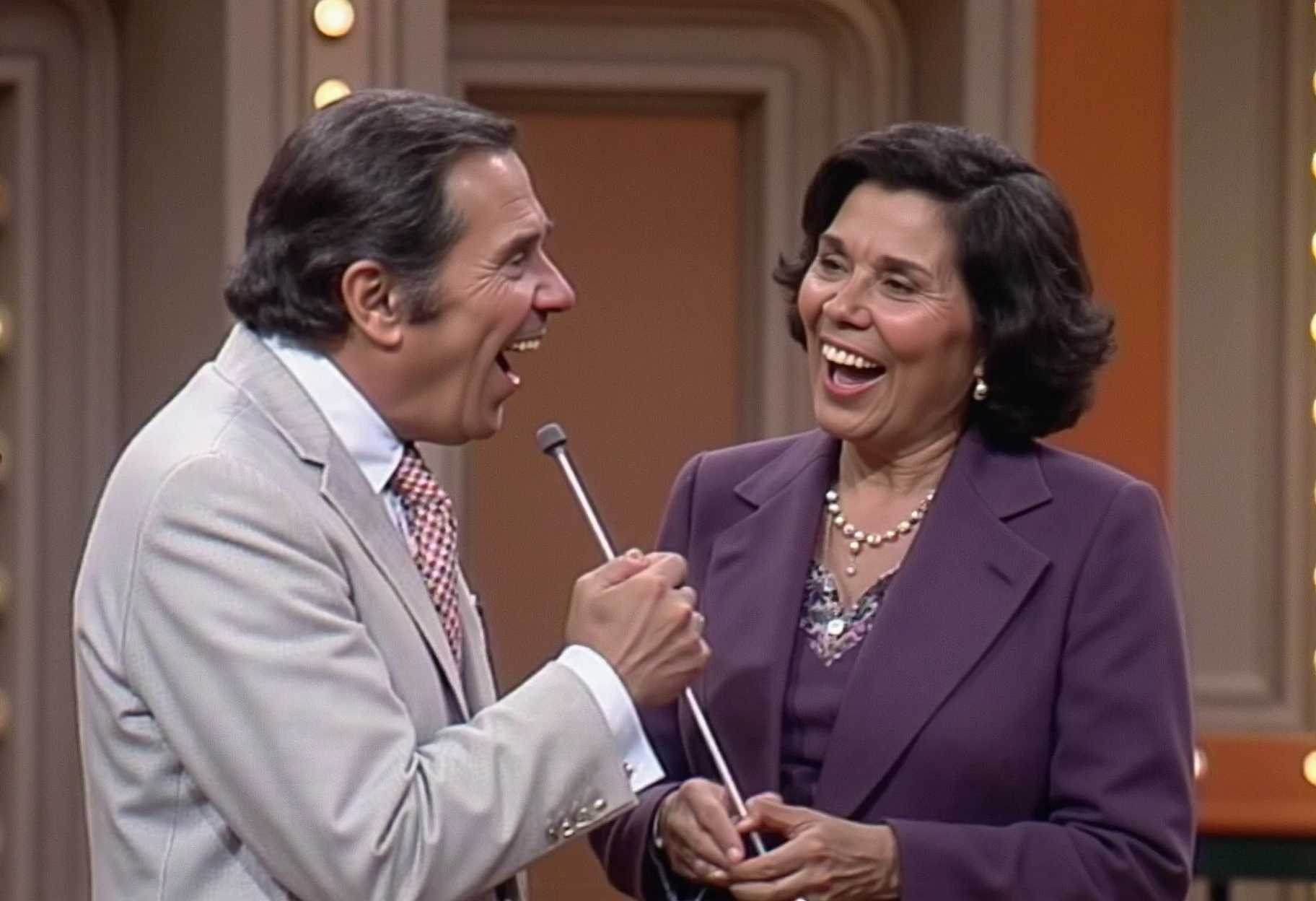 photo, An image of Gene Rayburn yelling, at celebrity contestant Nipsy Russel, analog, Kodachrome