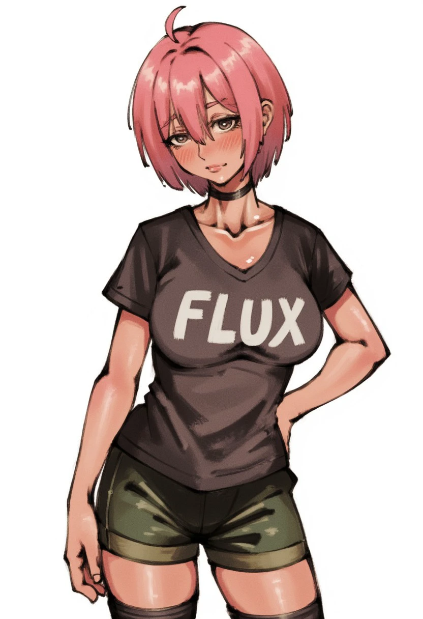 1 girl smiling, golden eyes, pink and black hair, short hair bob cut, big breasts, underboob, under boob, thick thighs, chubby, crop top, mini skirt, thigh stockings, glasses, choker, forest background