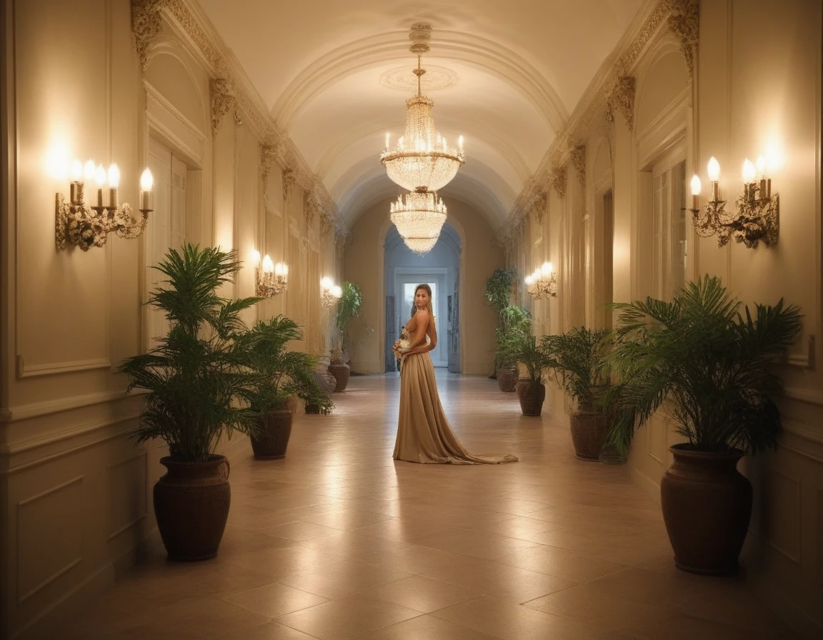 photo of a beauty woman in a large royal hallway with matching interiors, some indor plants, romantic lighting, outstanding great photo-quality, award winning image, hires