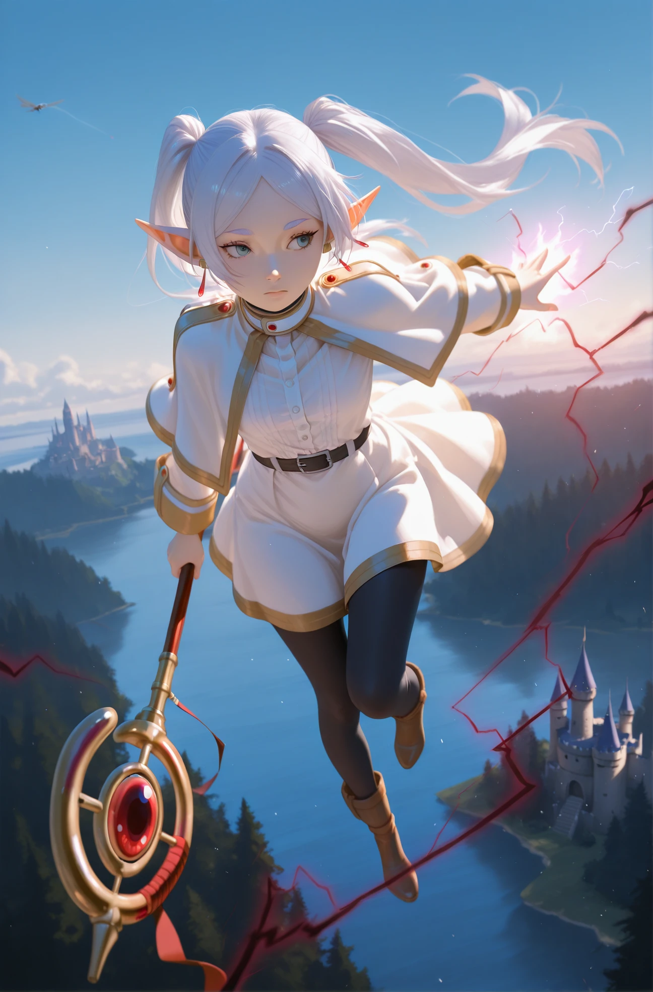 masterpiece, best quality, realistic
frieren, white twin pony, red staff, leggings, white skirt, white dress, button shirt, 
1girl, realistic, 
 <lora:Conquerors Haki [IL]:0.8> Conqueror's Haki, aura, red and black electricity, emotionless, 
 <lora:Fly [IL]:0.6> flying, floating, horizon, castle, forest, reaching viewer,