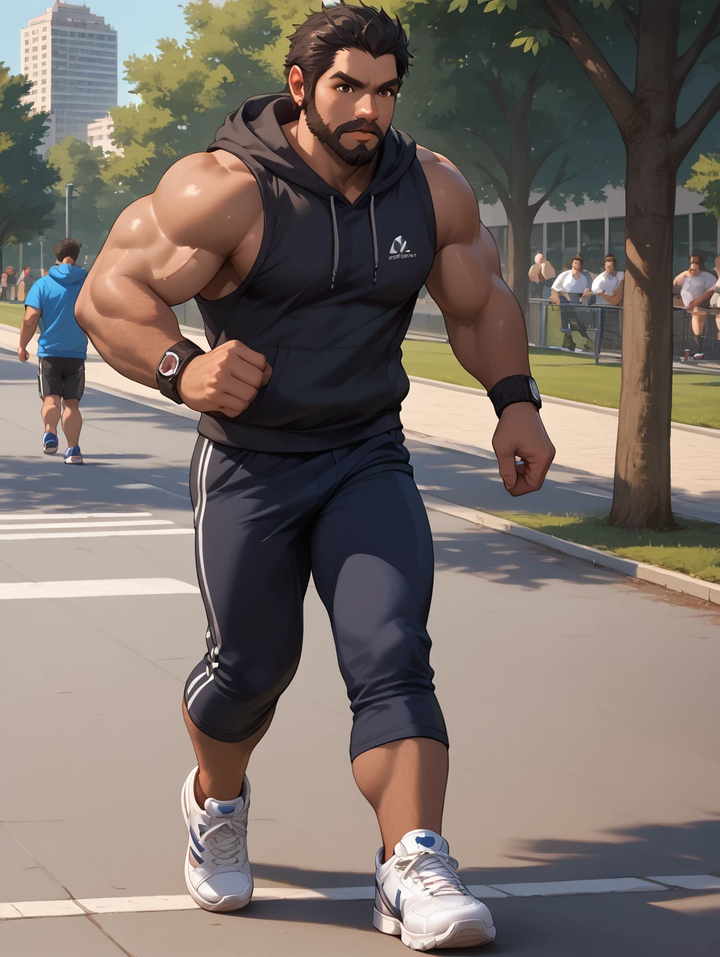 <lora:FullBeard_DomSantiago_PonyXL-09:0.95> domsantiagofullbeard, sleeveless hoodie, training pants, beard, black hair, short hair, (brown skin:1.2), muscular, bara, chubby, brown eyes, outdoor, sidewalk, park, solo, crowd background, running, running shoes, score_9, score_8_up, score_7_up, score_6_up,