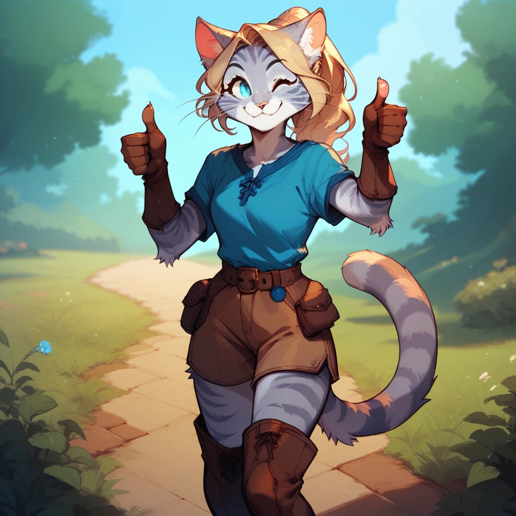 Score_9, score_8_up, score_7_up, Kat, Anthro, Anthro furry feline girl, grey striped fur, blonde hair, ponytail, standing, blue top, belt, brown bottoms, gloves, brown boots, outdoors, smiling, thumbs up, winking, playful pose