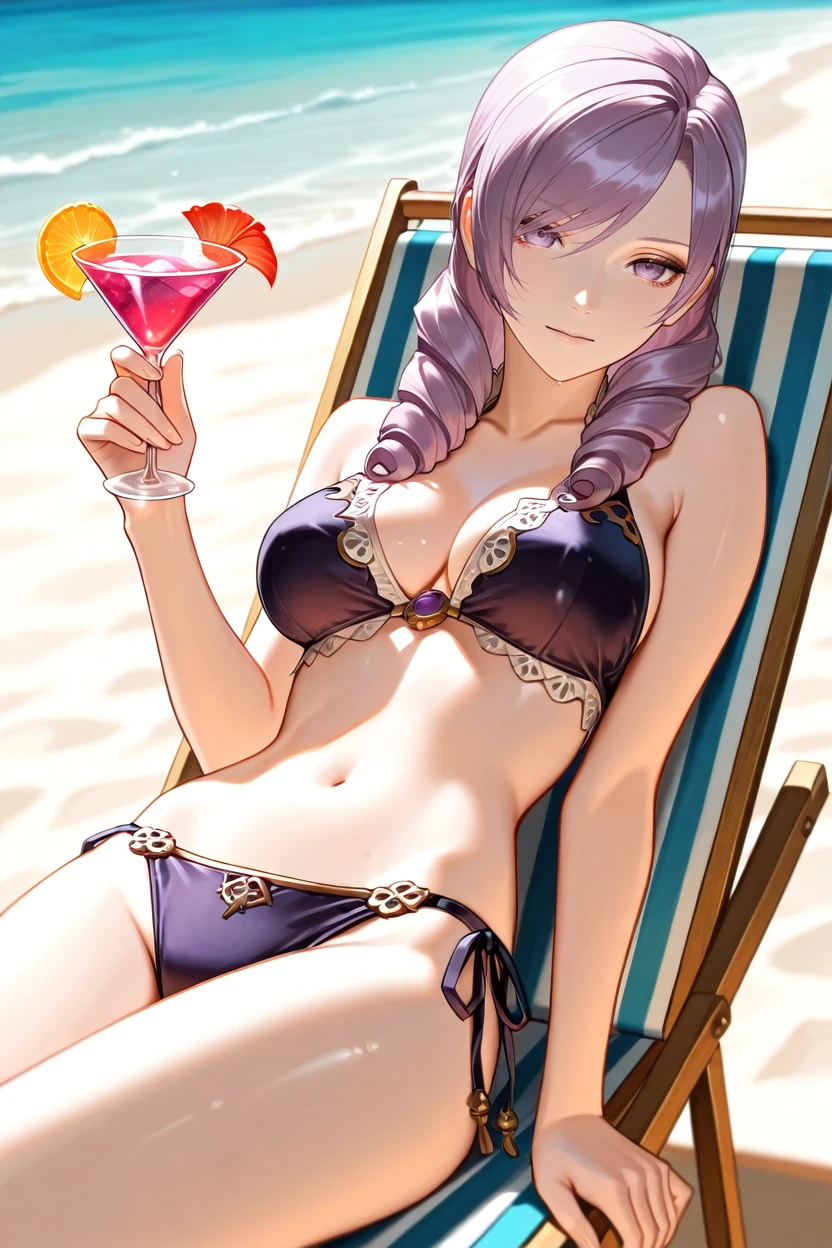 masterpiece, best quality, absurdres,
<lora:HGDaniella:1.0>
HGDaniella, 1girl, drill hair, long hair, purple hair, purple eyes, looking at viewer, leaning back, beach, beach chair, holding cup, cocktail glass, bikini