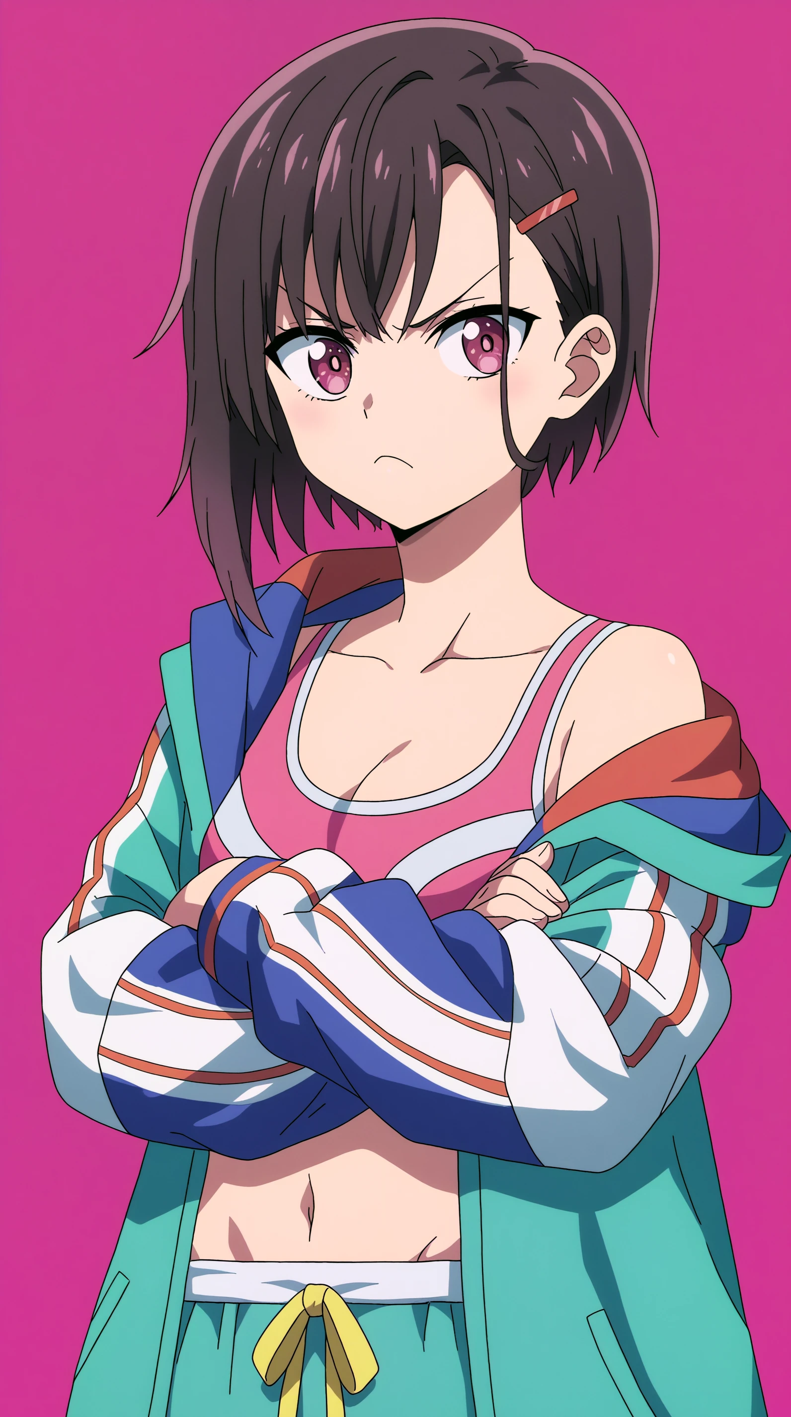 score_9, score_8_up, score_7_up,anime_source, source_anime, best background, detailed background, anime screencap  Shizuka Mikazuki, Main Outfit, solo, looking at viewer, closed mouth, off shoulder, v-shaped eyebrows, frown, pink background, crossed arms, asymmetrical hair, asymmetrical bangs, hair behind ear  <lora:JN_Shizuka_Mikazuki_Pony:0.8>