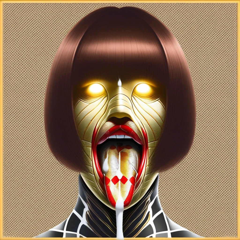 bronze face, snake, golden face, milk, teeth, bangs, bob cut, glowing eyes, brown hair, checkered pattern on tongue, mouthful, closed eyes, red lips, cum drip, cartoon themed