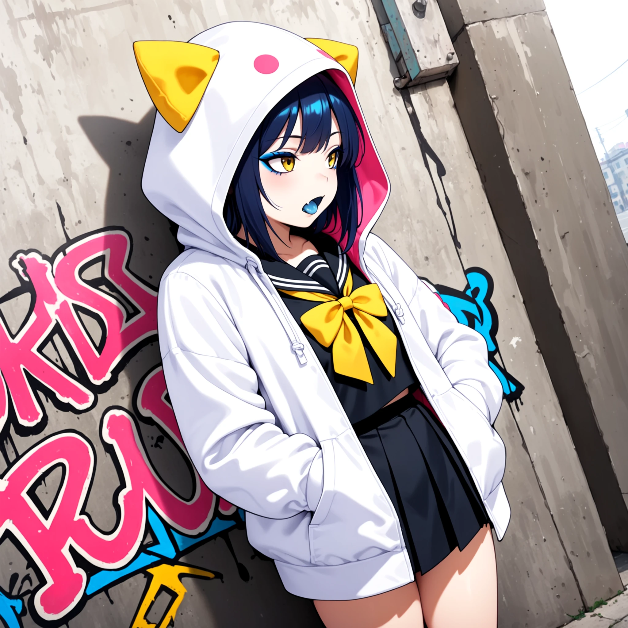 1girl, solo, cowboy shot, leaning on wall, dutch angle, graffiti, urban, looking away, white hoodie, hood up, eyeliner, open clothes, black serafuku, black skirt, fang, yellow bow, hand in pocket, blue tongue, blue eyeshadow, masterpiece, best quality, 2023