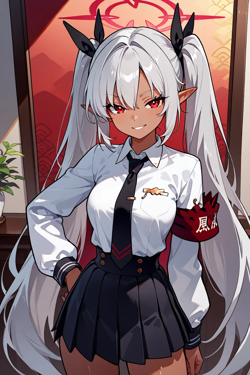 masterpiece, best quality, 1girl, solo, 21 year old model, eyelashes, (beautiful eyes),     ,,, zzIori, red eyes, halo, long hair, twintails, dark skin, very long hair, pointy ears, grey hair, skirt, ribbon, hair ribbon, white shirt, necktie, collared shirt, long sleeves, <lora:IoriBlueArchiveIXL:1.0>,cowboy shot, hand on hip, smug, smile, looking at viewer, shiny skin,