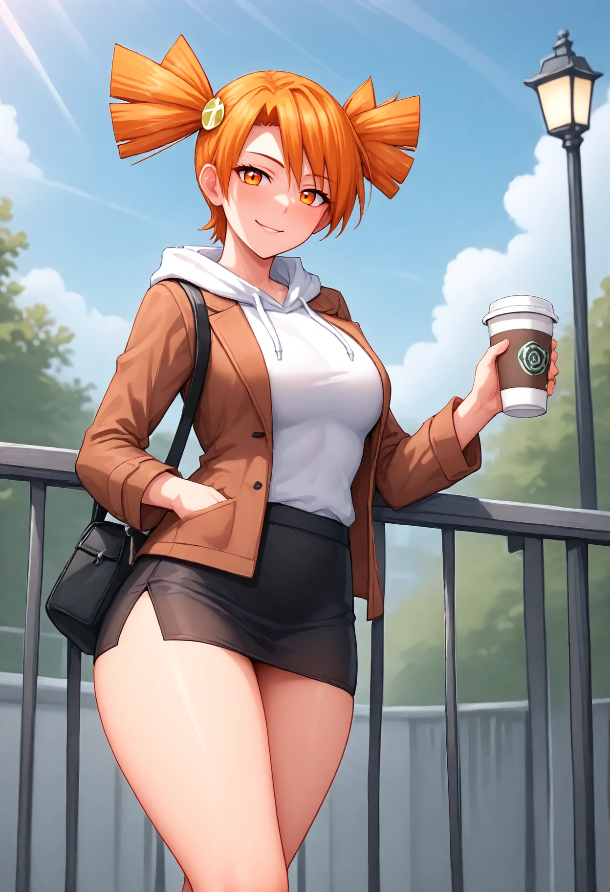 <lora:DvacheIll_2+-000009:1>
(perfect quality, best quality, absolutely eye-catching, masterpiece, absurdres, newest) BREAK
1girl, solo, dutch angle, looking at viewer, medium breasts,
DvacheIll, orange hair,orange eyes,short twintails,hair ornament,
hoodie, disposable cup, hood, jacket, sky, skirt, cloud, railing, smile, blue sky, looking at viewer, white hoodie, outdoors, holding cup, coffee cup, against railing, black skirt, brown jacket, day, open clothes, lamppost, open jacket, standing, black bag, crossbody bag, (thick thighs,:1.2)