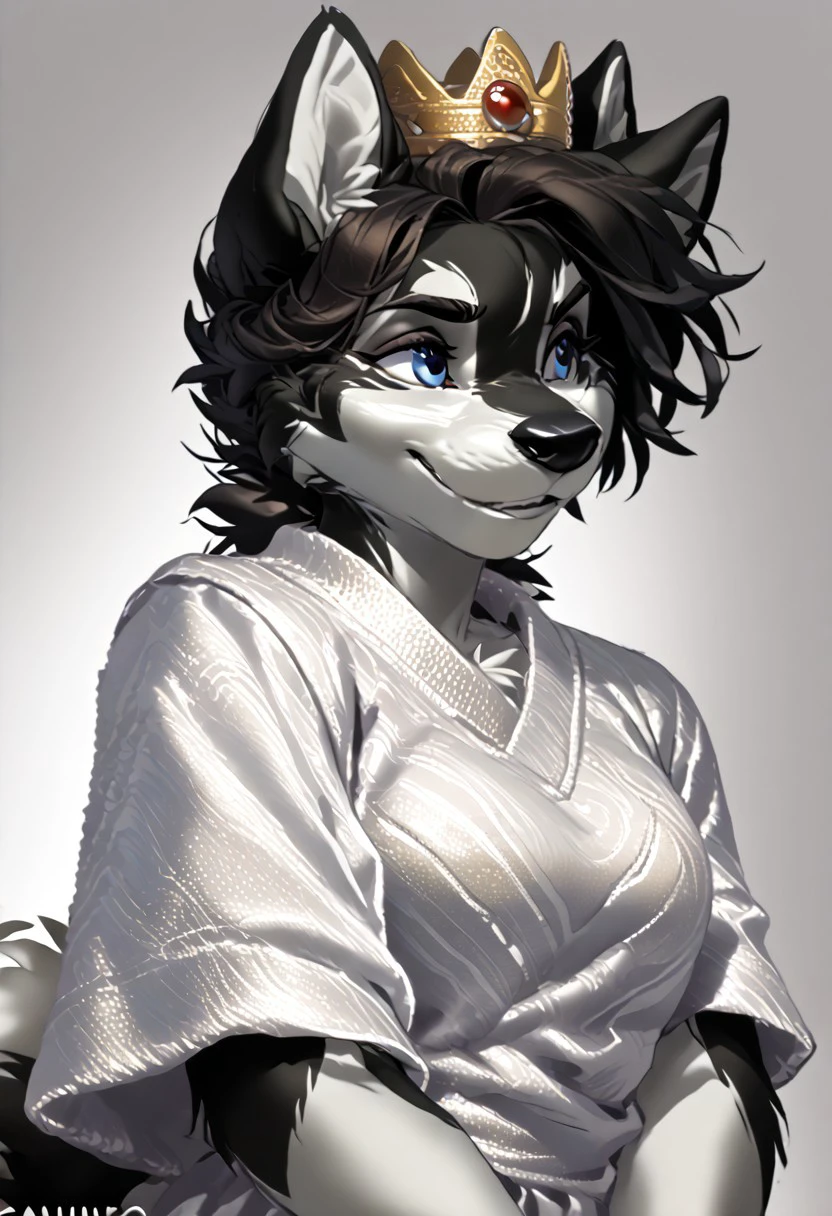 score_9, score_8_up, score_7_up, (by kittydee:1.5), (by jailbird:1.5), (by zummeng:1.5), masterpiece, best quality, (solo),
(Furry Art: Anthro: Alaskan Klee Kai:1.5), 1girl, expressive eyes, feminine eyes, perfect face, feminine face, dog, canine, small body size, curled fluffy tail, (two-toned fur), (black and white fur), large eyes, black hair, straight hair, medium breasts, blue eyes, princess dress, princess crown,