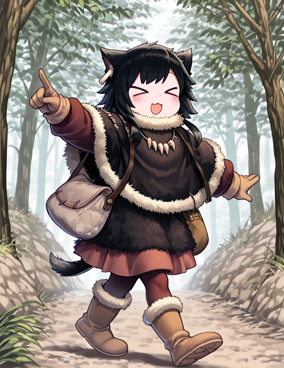 1girl, solo, black hair, tail, boots, animal ears, necklace, gloves, fur trim, jewelry, smile, pointing, pantyhose, capelet, long sleeves, poncho, outdoors, open mouth, yellow eyes, tree, tooth necklace, cat ears, skirt, full body, walking, bag, brown gloves, cat tail, :d, fur-trimmed boots, blush
, animal ears, wolf ears, closed eyes,, fur collar, open mouth, long sleeves, long hair, skirt, pantyhose, smile, tail, :3, :d, wolf tail, xd
solo
 <lora:susuki:1>susuki1