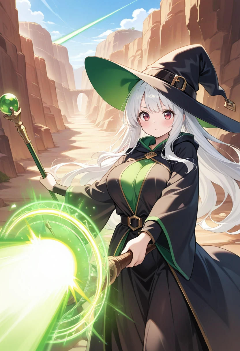 beameffect,1girl, solo,large breasts,blush,day,outdoors,canyon,white hair,red eyes, bangs, purple eyes,very long hair, bangs,witch,witch hat,robe,skirt,((holding_staff)), magic circle,wand,action,cowboy_shot,looking at viewer, ((green_beam:1.5)),beam,laser,firing at viewer,<lora:beam_v1_illustrious_b:.6>, masterpiece, best quality amazing quality very aesthetic high resolution ultra detailed absurdres, newest